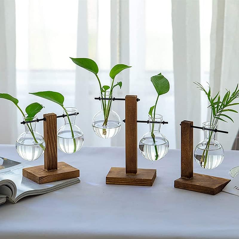 Wooden Stand Glass Flower Vase Hydroponic Hanging Plant Terrarium Container, Modern Hanging Flower Container image number 4