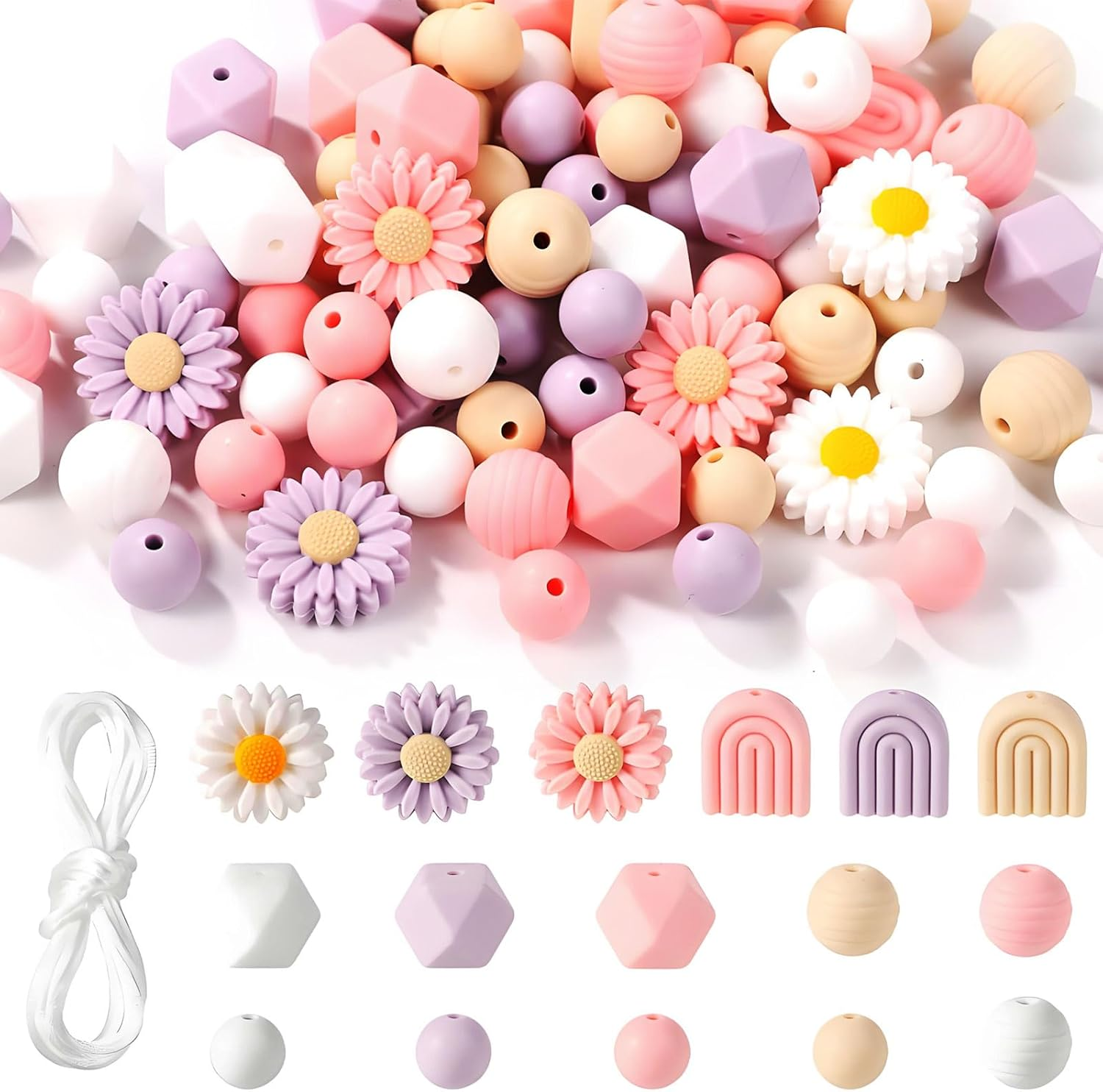 MYTOAU 100Pcs Daisy Silicone Beads, Boho round Daisy Flower Shape Silicone Craft Beads with Nylon Rope for DIY Crafts Jewelry Necklaces Bracelets Keychain Making image number 6