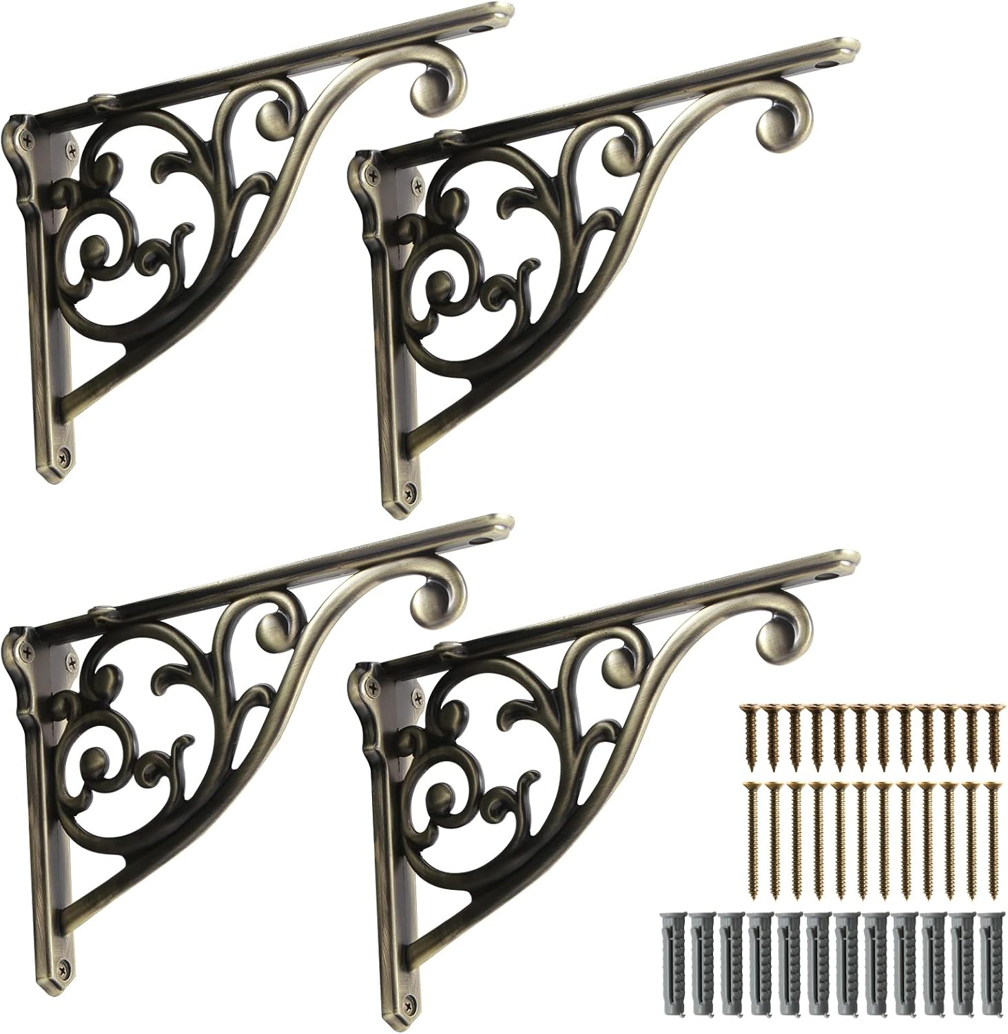 Khtumeware 2 Pack Brushed Satin Nickel Shelf Bracket 5 Inch, Decorative Brackets for Shelving, Heavy Duty Vintage Ornate Shelf Bracket, Hardware Included,4.92X3.5X1.73 Inch image number 2