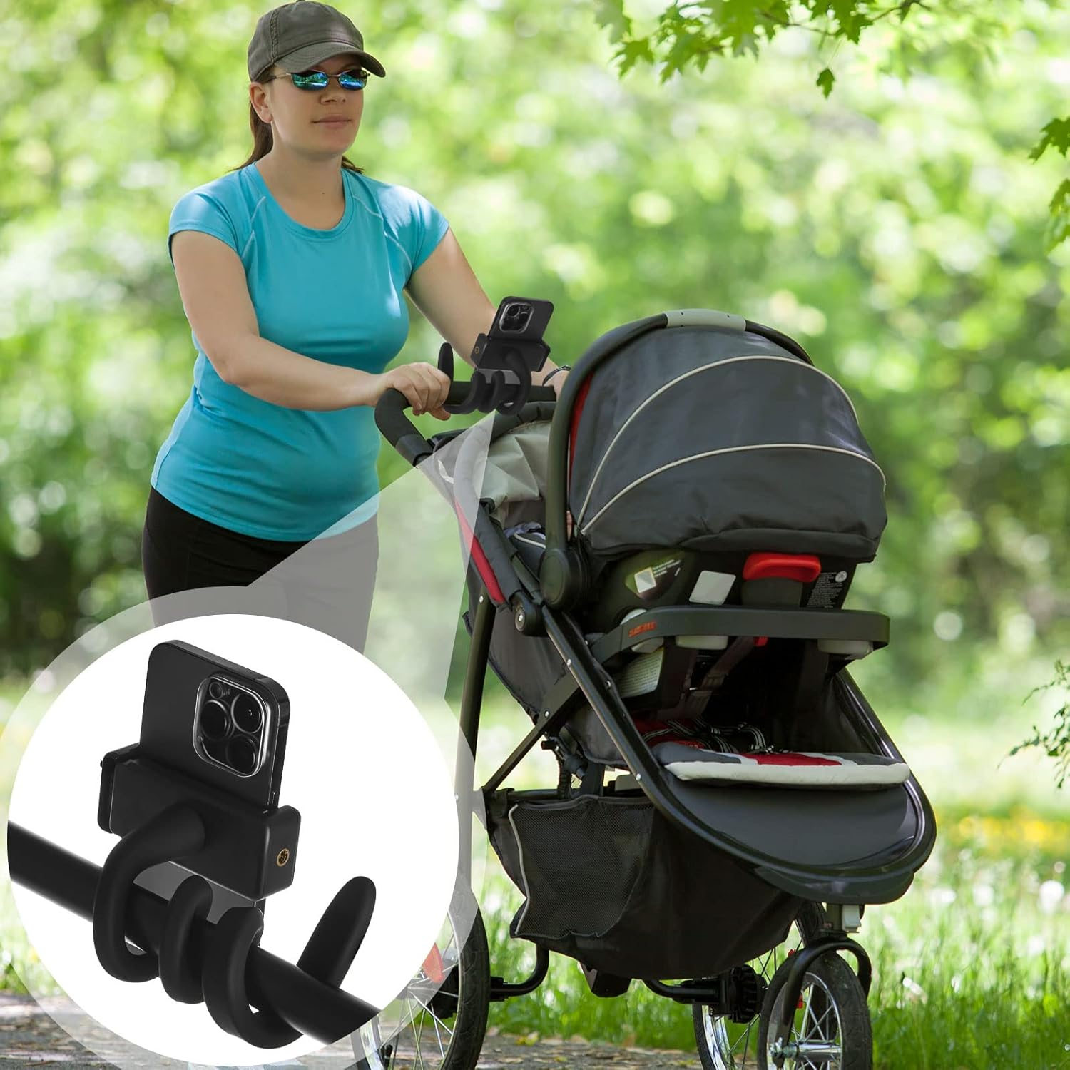 Amylove 2 Pcs Stroller Phone Holder Portable Cell Phone Holder Stand Universal Stroller Accessories for Parent Baby Toddler Cellphone Clamp with Non Slip Silicone Arm Grip(Black,Novel) image number 6