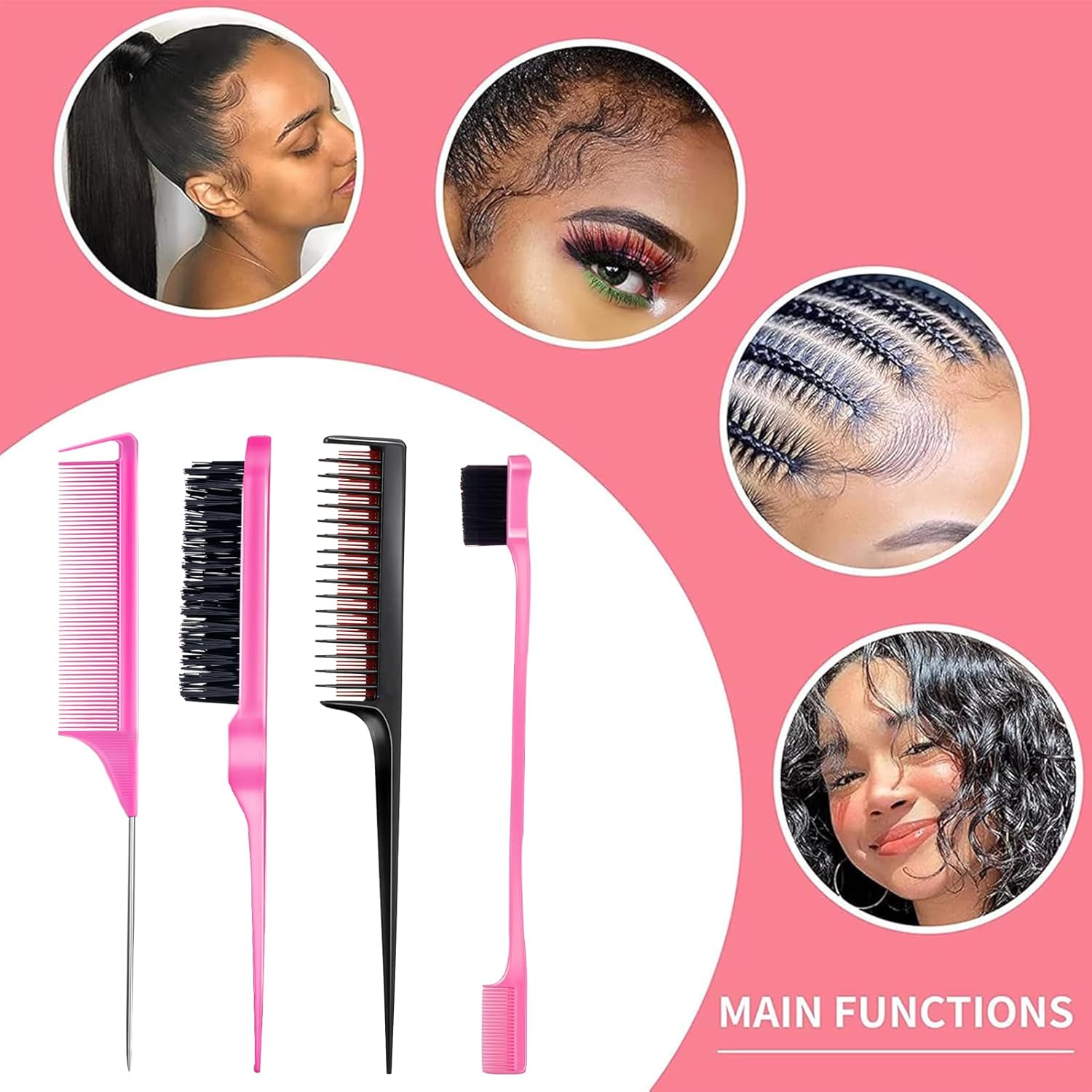 8 Pieces Styling Comb Set - Teasing Brush, Rat Tail Comb, Edge Brush for Slicking and Combing Hair for Women (Pink) - Black image number 7