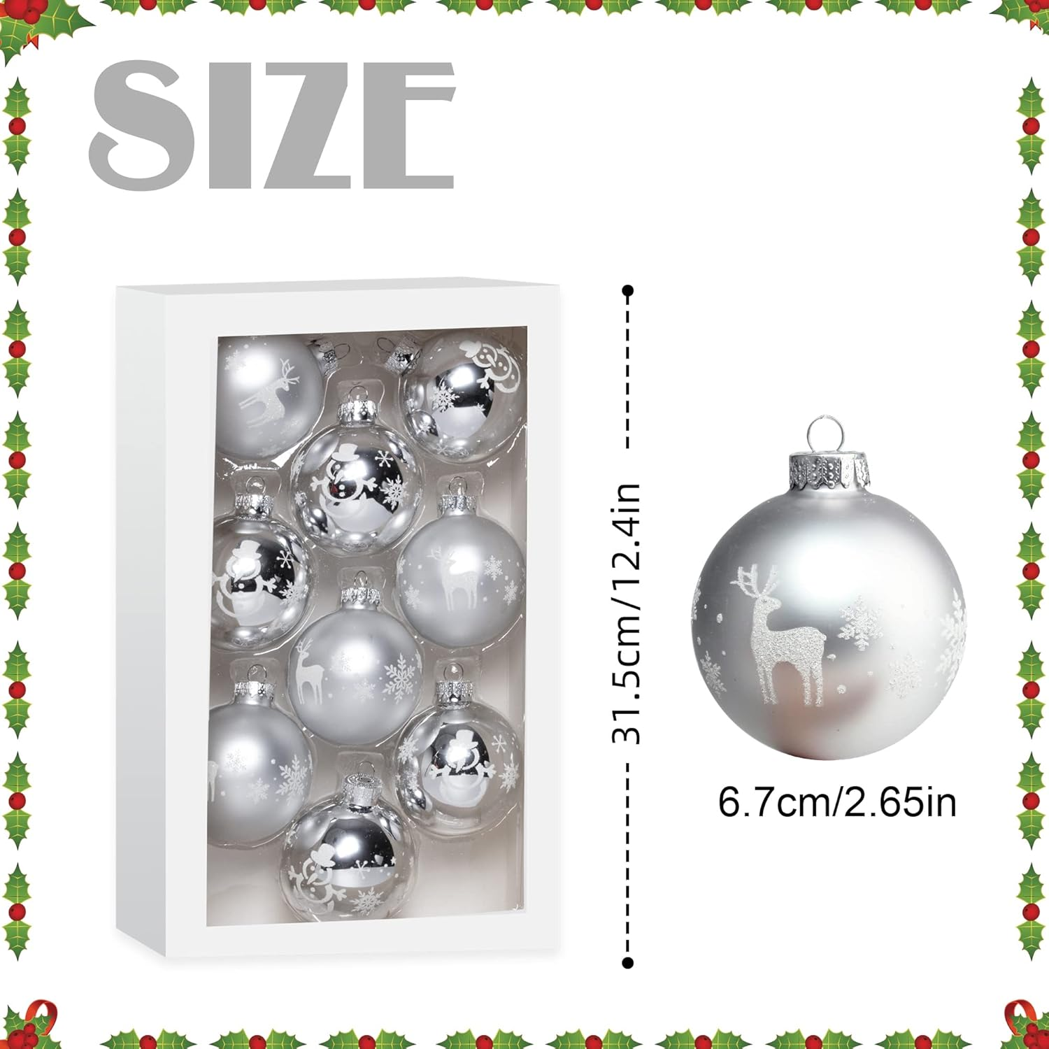 Amooca Christmas Colorful Glass Balls Decoration Festival Party Home Decors Holiday Xmas Tree Hanging Ornaments Set 9Pc 2.65In Silver Snowman & Reindeer Printing image number 5