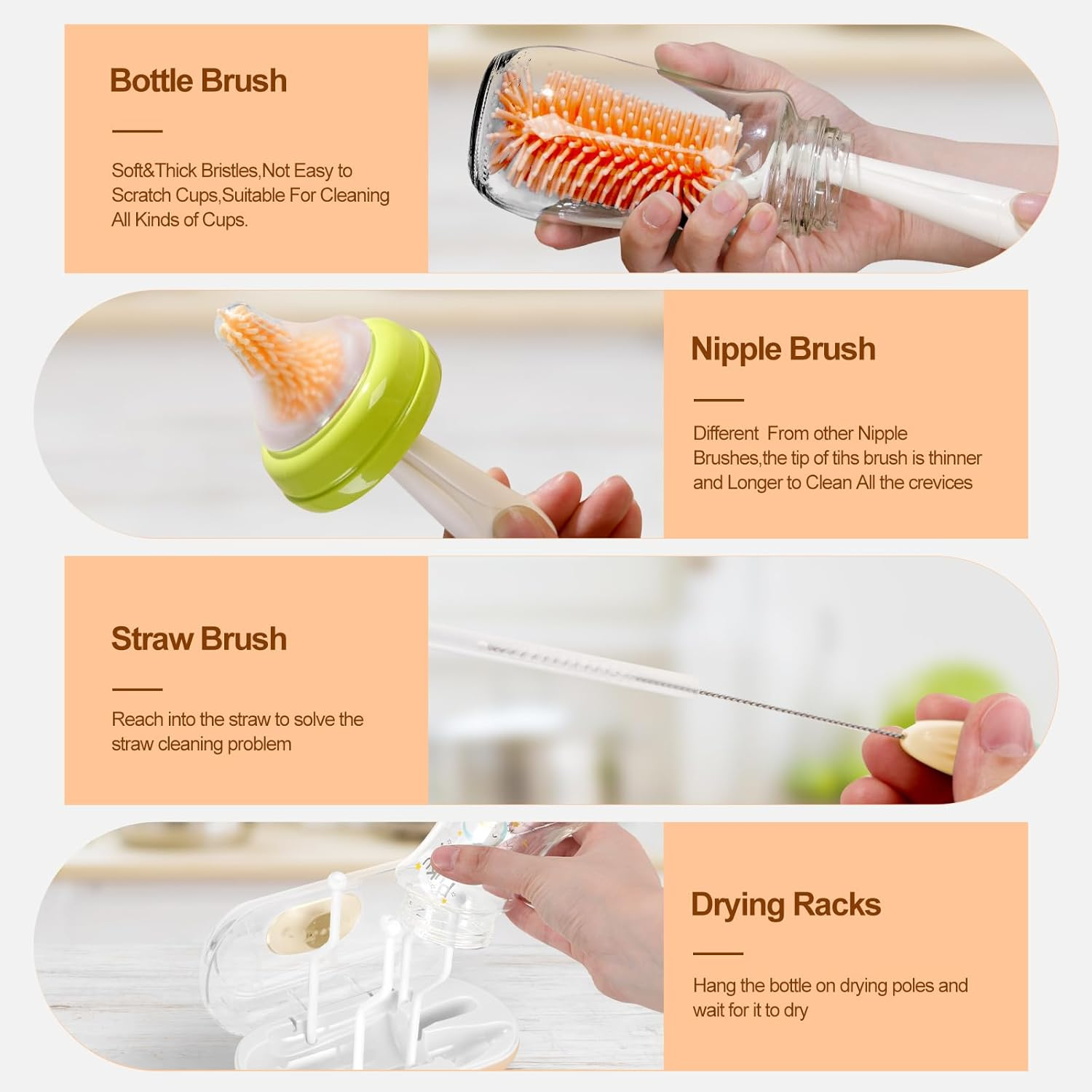 Baby Bottle Brush Set,Travel Bottle Cleaner Kit with UV Light,Silicone Bottle Brush,Nipple Brush,Straw Cleaner,Drying Rack,Baby Bottle Brushes for Cleaning,Baby Essentials for Home and Travel,Orange image number 2