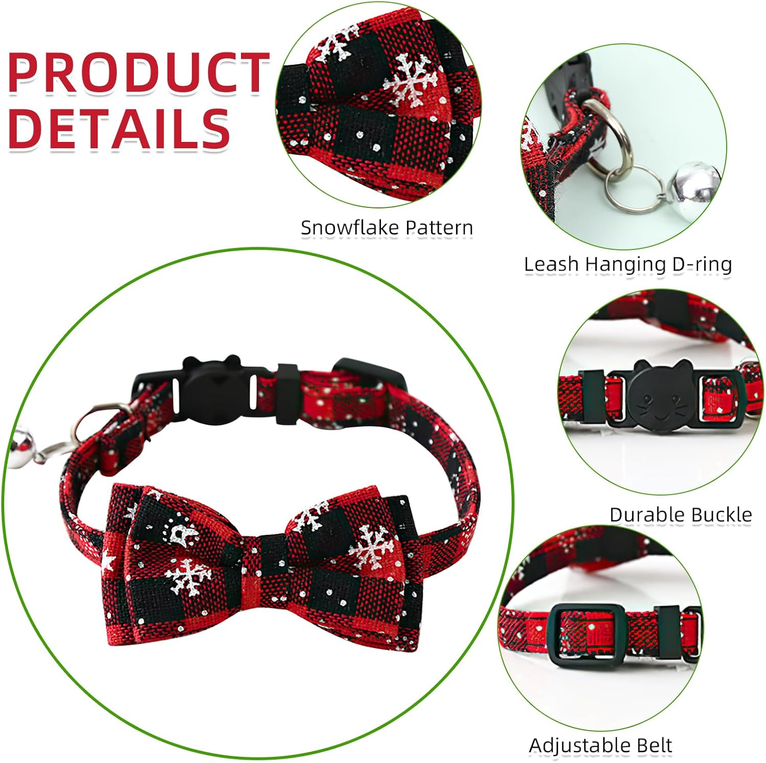 Christmas Collar Dog Cat Christmas Collar Christmas Collar with Removable Bow, Collars with Bow Tie Christmas, Checked Costume Dog Collar for Cats and Puppies (Red) image number 4