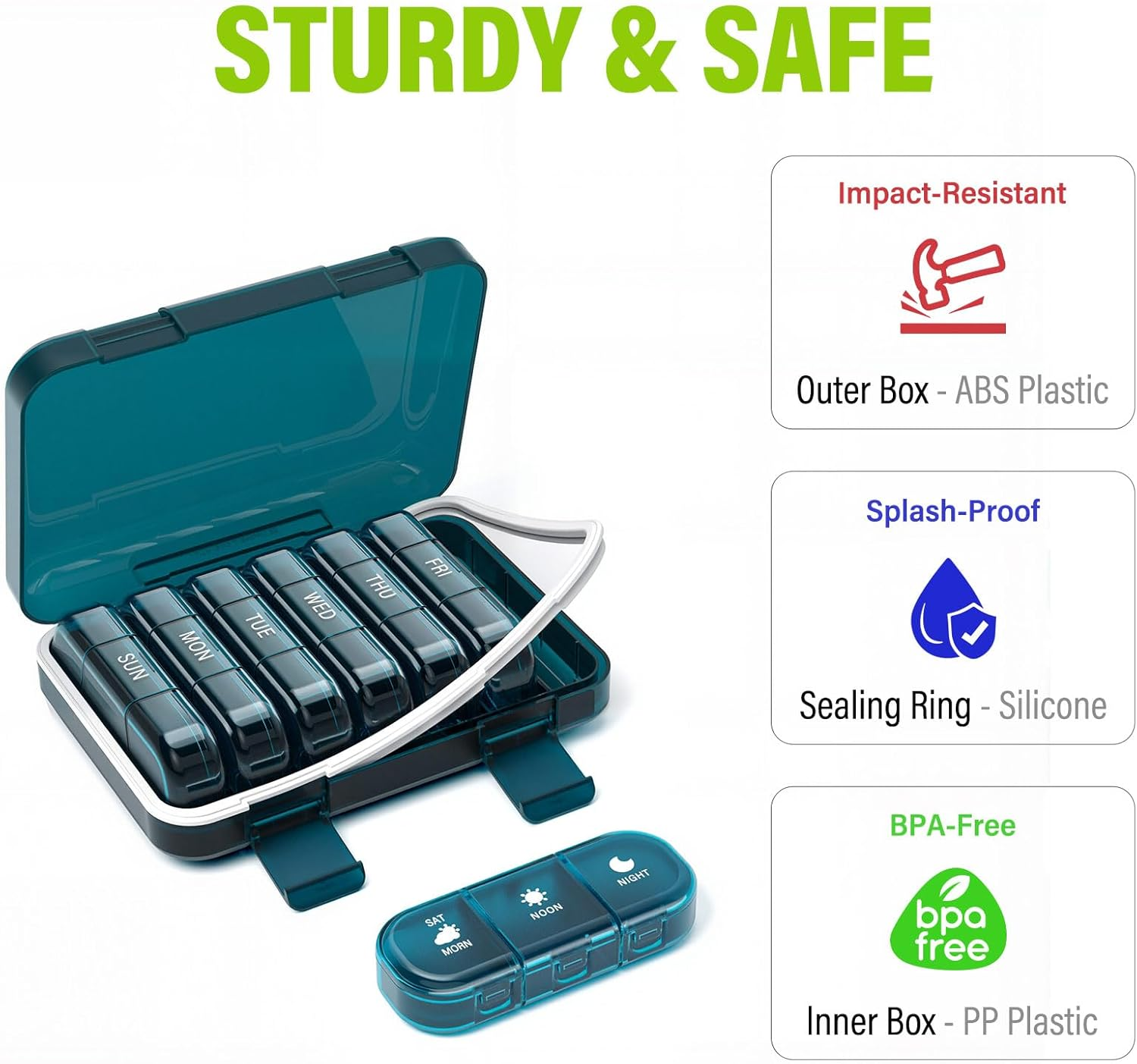 Vikie Weekly Pill Organizer 3 Times a Day, MORN NOON NIGHT, Bpa-Free, Portable & Moisture-Proof for Pills, Vitamins, Supplements (3X7 Blue) image number 3