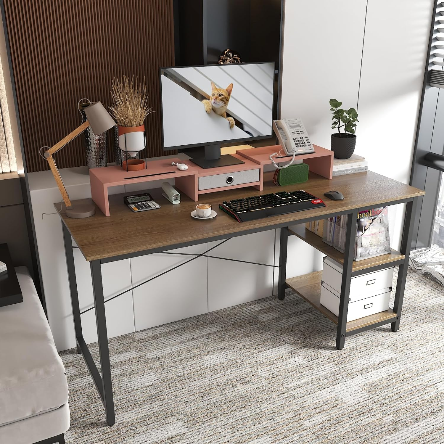 WESTREE Dual Monitor Stand with Drawer 3 Shelf Computer Monitor Riser, Desktop Stand Adjustable Length and Angle, Home Office Desk Accessories Supplies, White