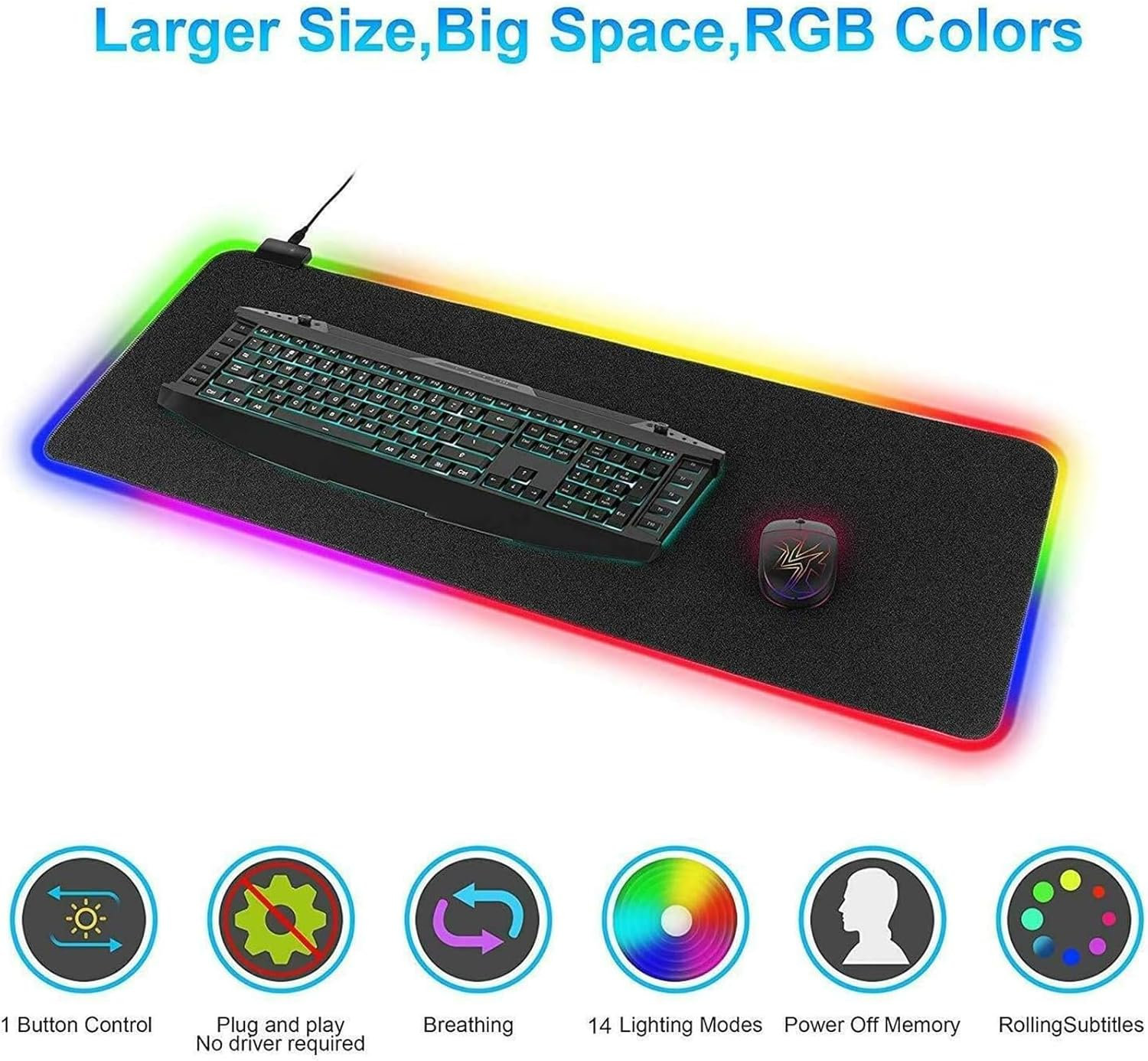 RGB Led Gaming Mouse Pad，Oversized Glowing Soft Extended Mousepad，80X30Cm Waterproof Non-Slip Rubber Computer Keyboard Pad Mat Black
