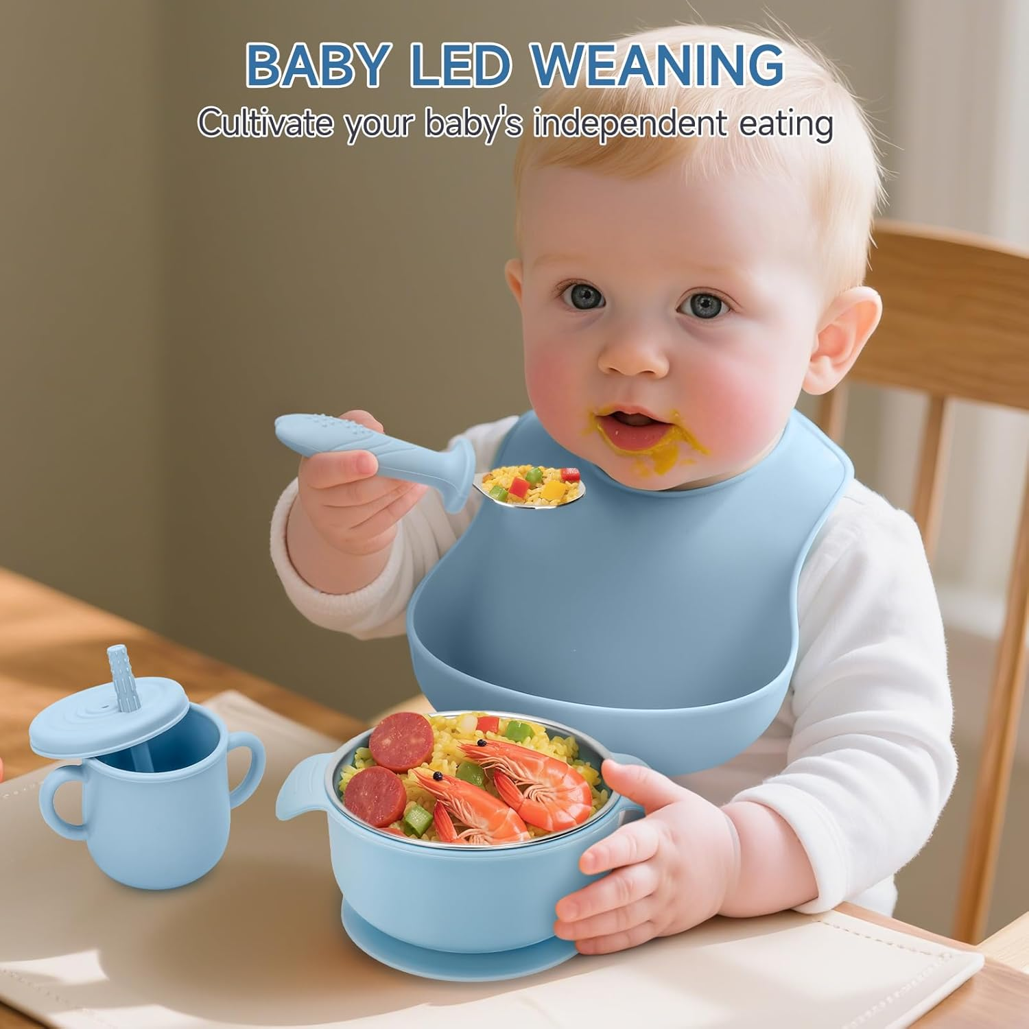 6-Piece Baby Stainless Steel Feeding Set - Bowl, Plate, Cup, Spoon, Fork & Bib | 100% Food-Grade 304 Steel with Removable Silicone Sleeves | Dishwasher-Safe Toddler Tableware (Blue) - Blue image number 6