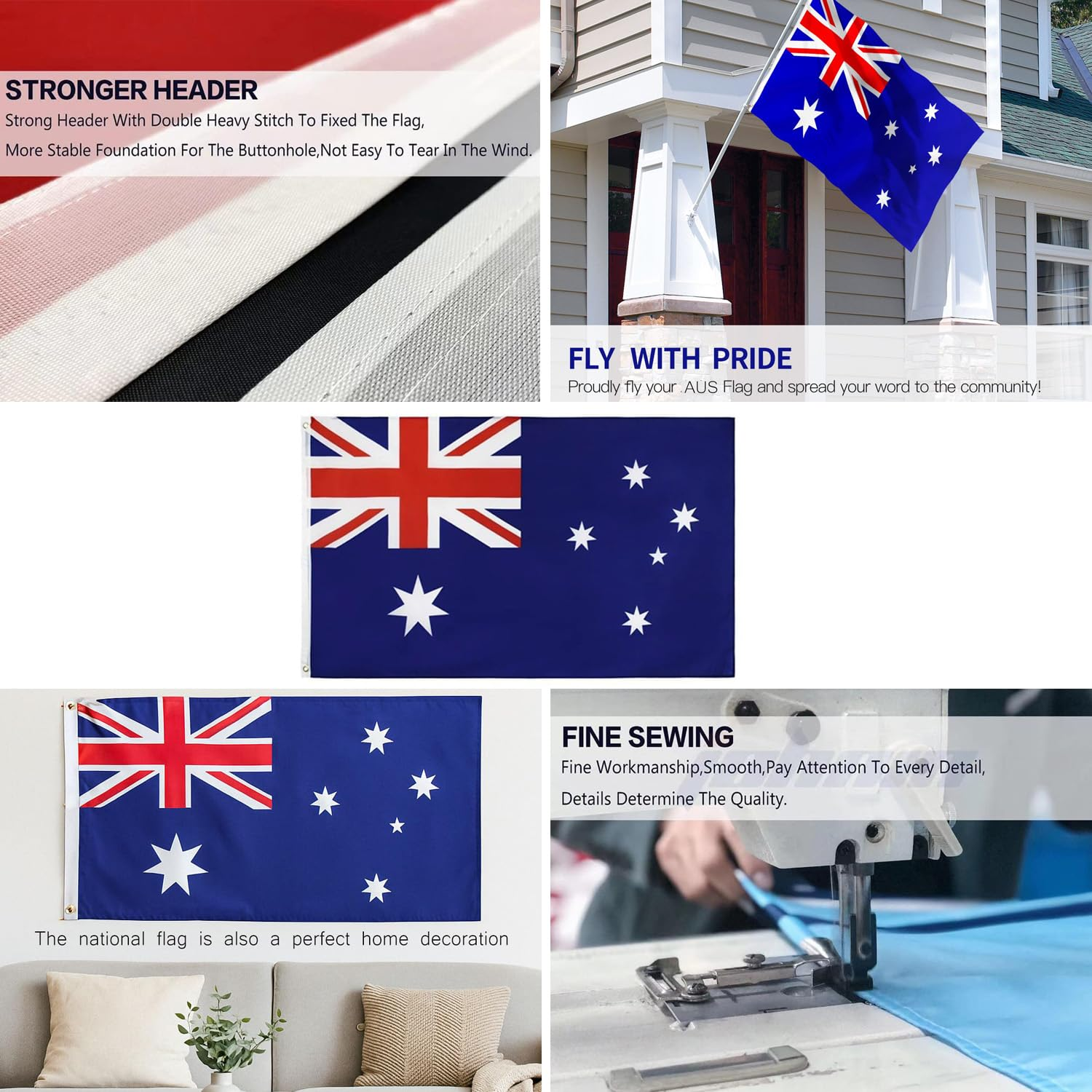Australia Aussie Flag 3X5 FT, Outdoor Australia Day OZ Aus Festival Australian National Flags 90X150Cm, Polyester, Vivid Color, Fade Proof, Canvas Header, Double Stitched Designed with Brass Grommets image number 3