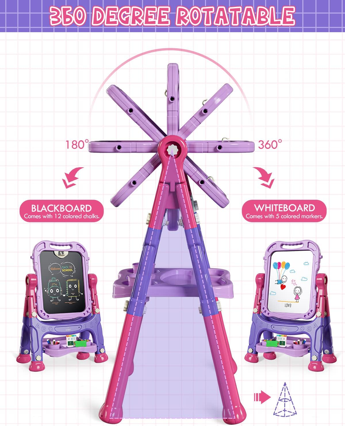 Lehoo Castle 4 in 1 Easel Set for Kids, Kids' Art Easels Height Adjustable, White & Black Board Double Side 360&deg; Rotation, Chalk and Magnet Available with Writing and Drawing Supplies (Purple) image number 5