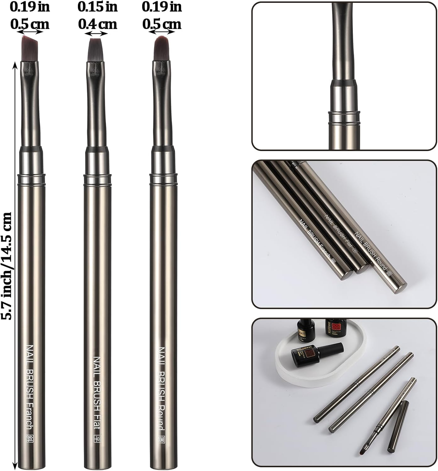 Nail Clean up Brushes, 3 PCS Acetone Resistant Nail Polish Remover Pen Painting Design with Flat/Oval/Fine Angled Gel Nail Brush, Nail Art Brush for Cleaning Nail Polish Mistake on the Cuticles(Brown) image number 2