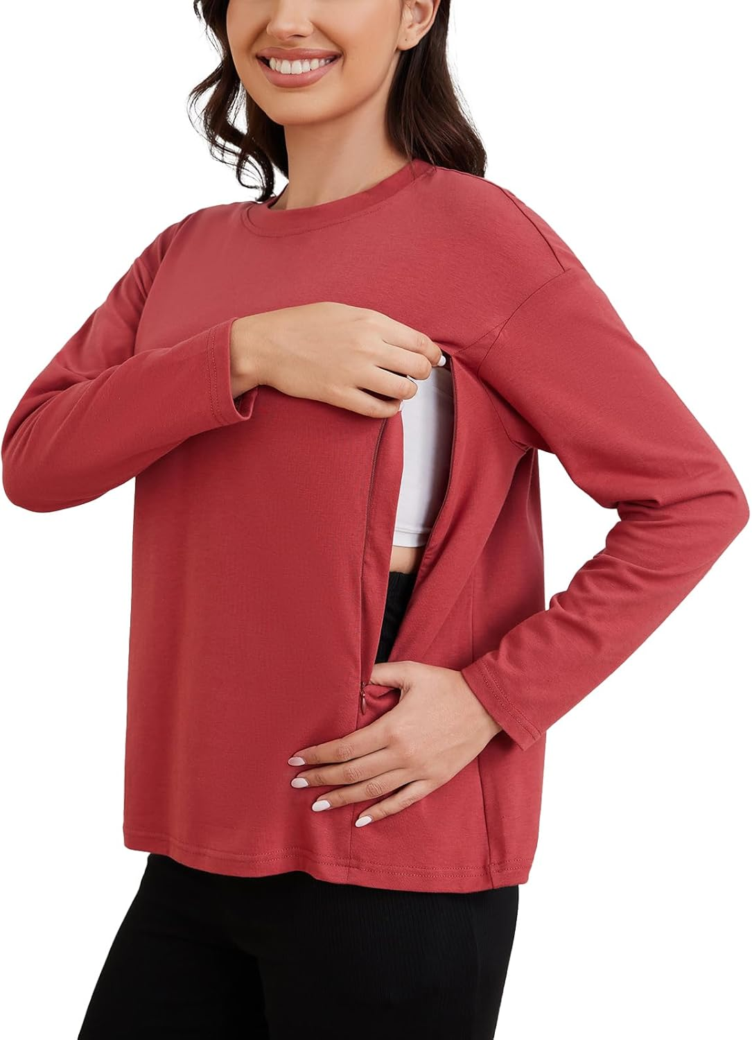 Ecavus Women&rsquo;S Zip Maternity Nursing Tops for Breastfeeding Long Sleeves Casual Nursing Shirts Pregnancy Mama Clothes