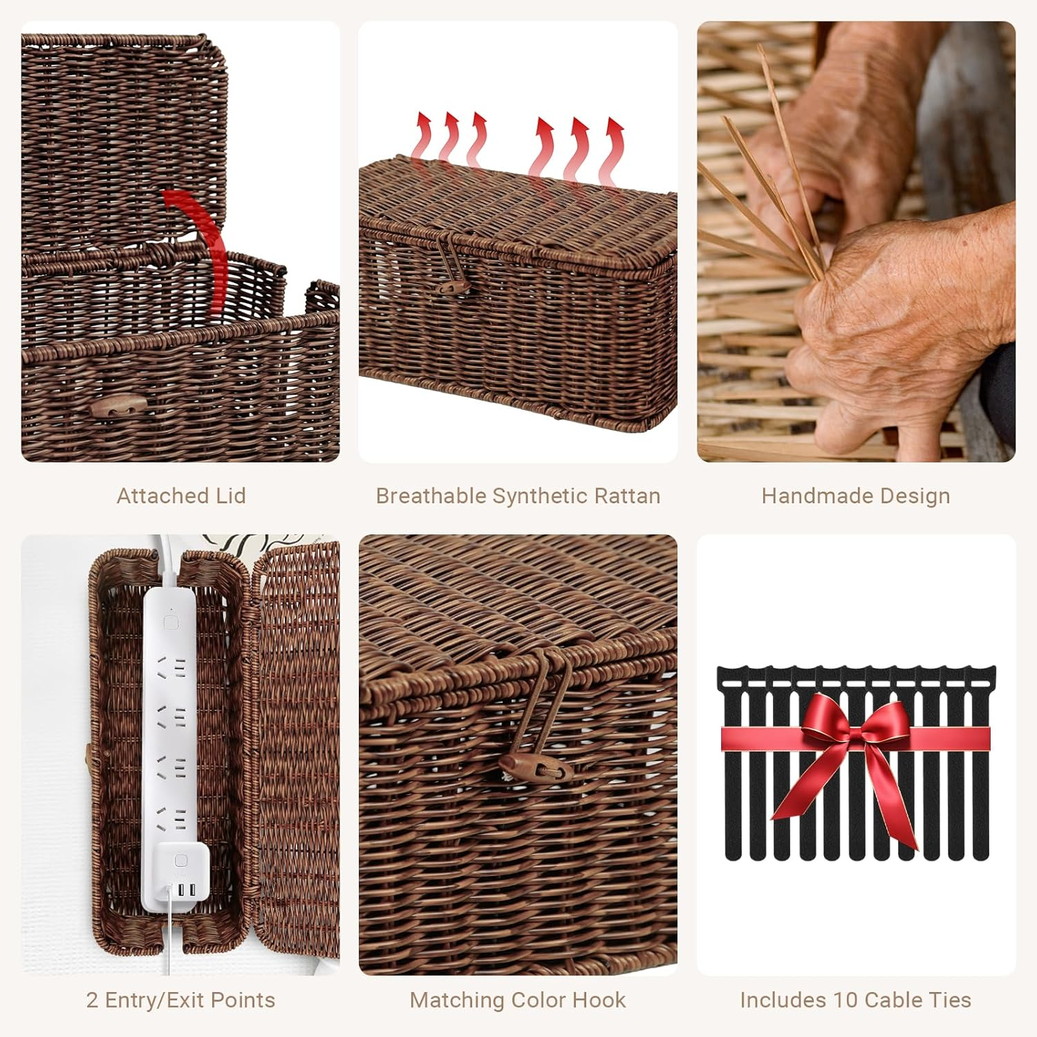 Ixtra 2-Pack Cable Management Box Set, Handwoven Rattan Cord Organizer, Decorative Cord Hider with Lid, Large Cable Organizer for Desk, TV Wires,Power Strips & Cords Brown image number 2