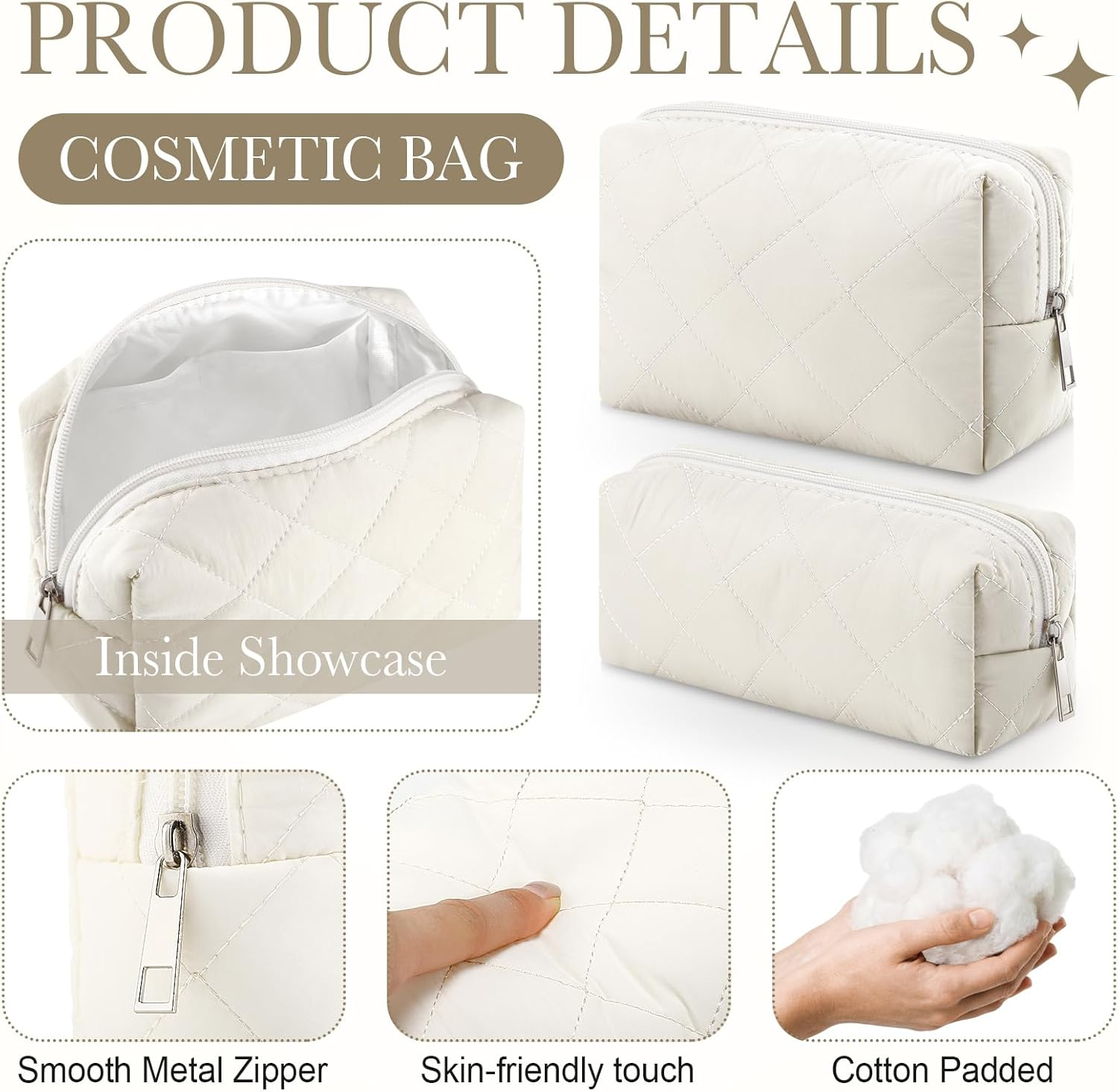 Siltriangle 2 Pcs Valentines Puffy Makeup Bag Quilted Cosmetic Pouch for Women Cute Puffer Makeup Organizer Compact Toiletry Bags Preppy Pencil Case with Zipper Winter Gift for Women Girlfriend, Beige - Black image number 2