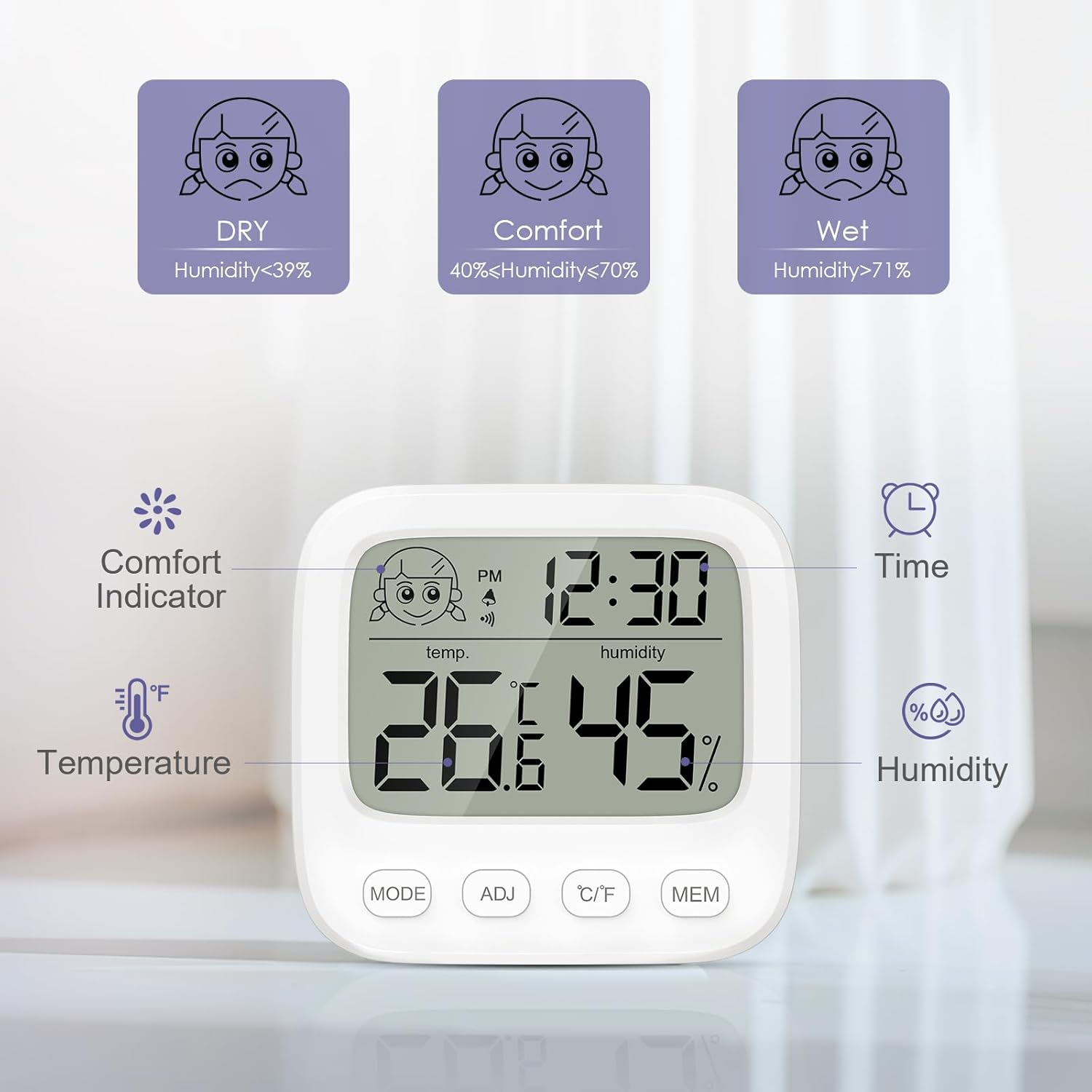 OQIMAX Digital Room Thermometer Hygrometer Indoor Temperature Humidity Monitor Gauge Temperature Humidity Monitor with Comfort Display,Clock,Alarm,12/24 H, ℃/℉,Date for House Office Bedroom image number 1