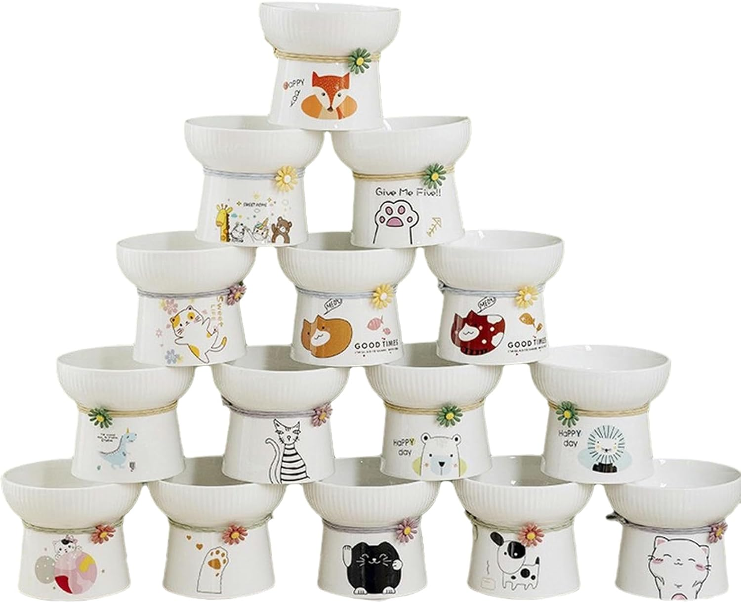 1Pc Pet Drinking Water Japanese Cute Ceramic Grain Bowl Cat and Dog High Foot Bowl Neck Protection Bowl-Moderate-Low Foot Pure White Random image number 1