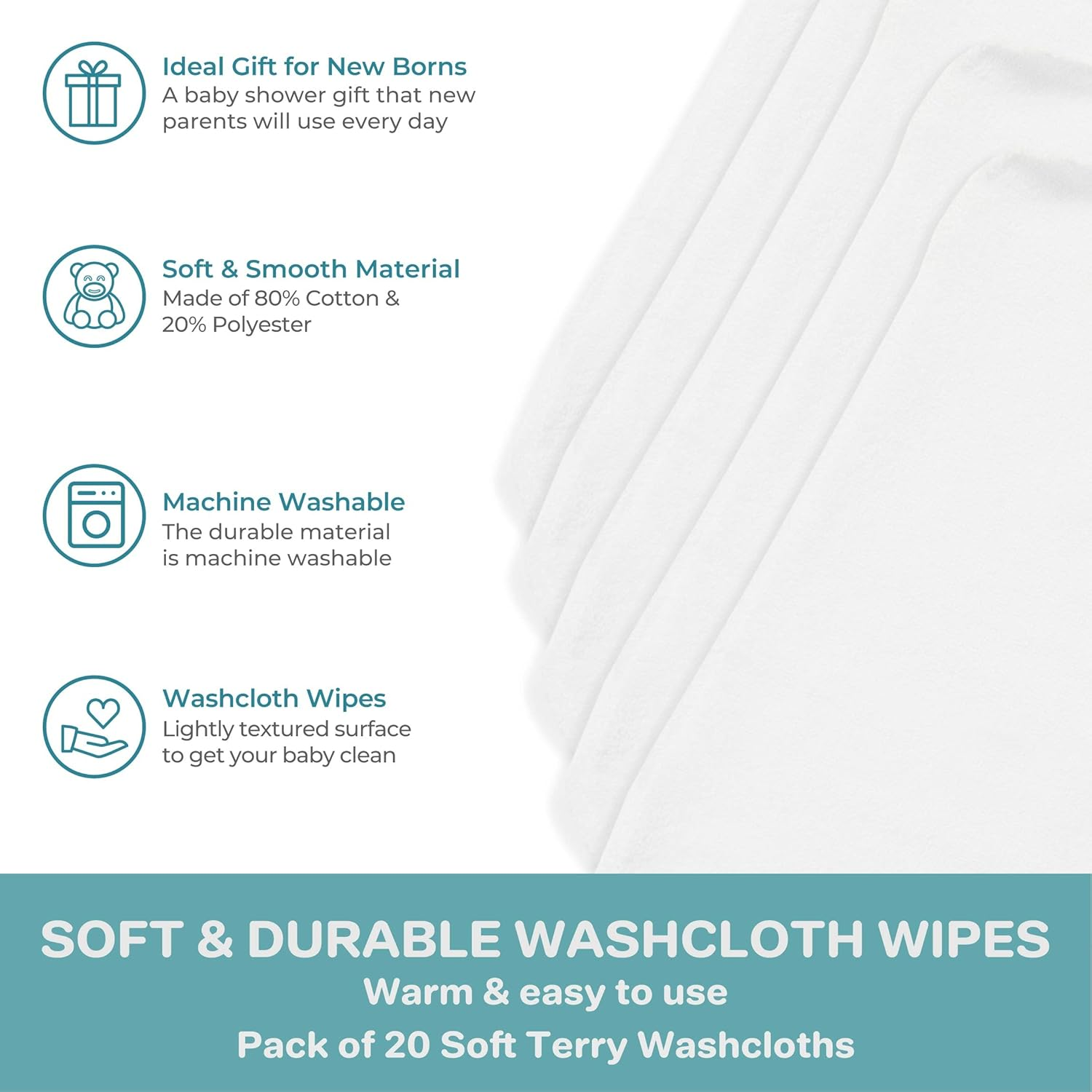 Spasilk Washcloth Wipes Set for Newborn Boys and Girls, Soft Terry Washcloth Set, Pack of 20, White image number 2
