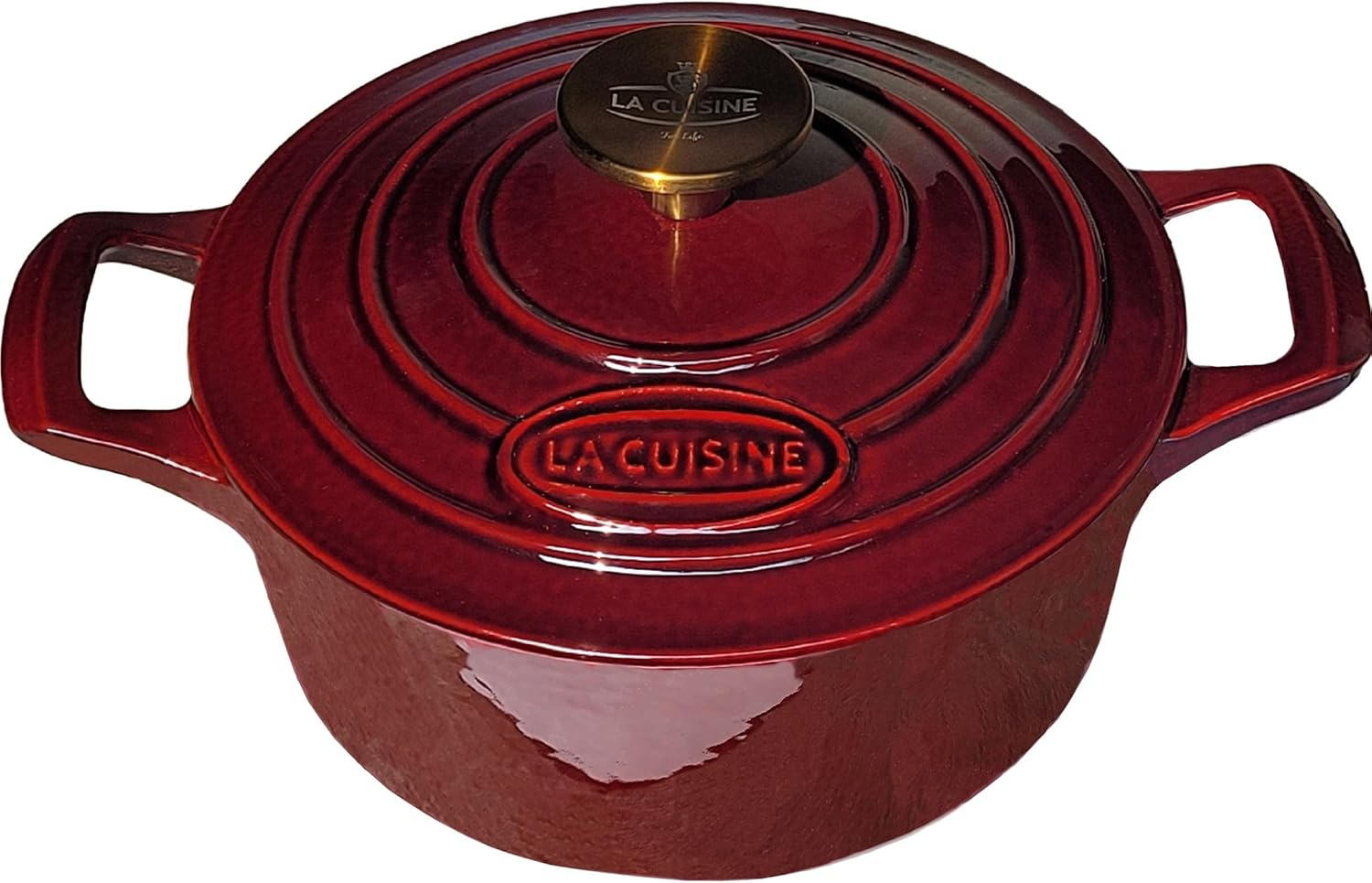 La Cuisine Enameled Cast Iron Dutch Oven Casserole Dish Pot with Lid, 2.1 QT 7.9&ldquo; Dia. Matte Black Enamel Interior, Cranberry Enamel Finish Exterior, Gold-Plated Stainless Steel Lid Handle Oven Safe image number 4
