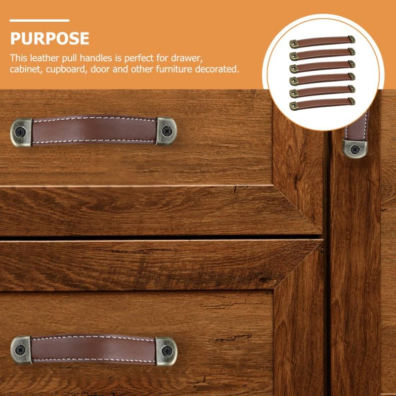 6Pcs Leather Pull Handles for Cabinet Doors and Drawers, Safety Protection Upgrade, Easy Installation, Brown Synthetic Leather, 7.48 * 0.94 * 0.31 Inches, Ideal for Home Decor image number 4