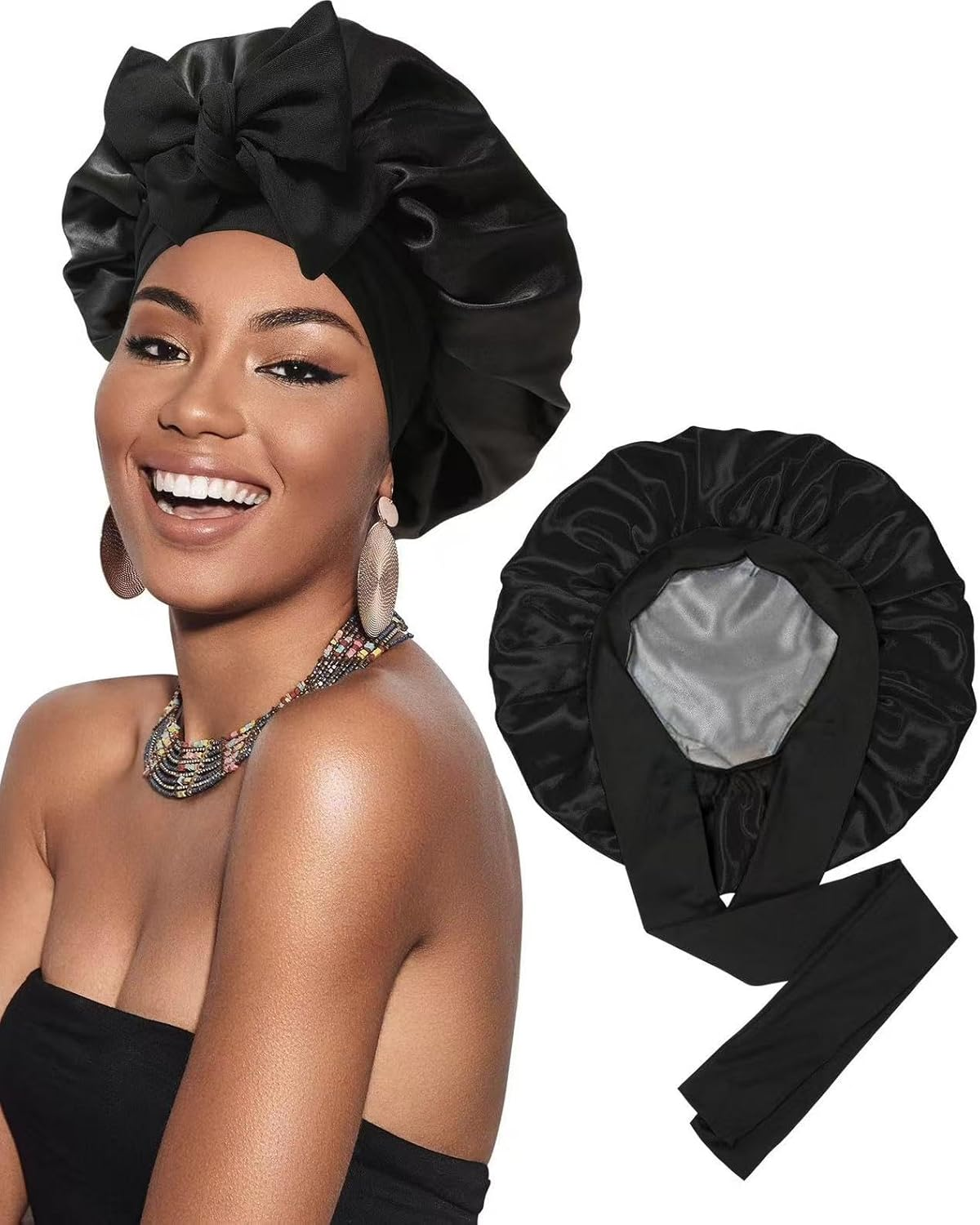 Large Silk Bonnet for Sleeping, Satin Hair Bonnet for Sleeping with Tie Band, Double Layer Satin Bonnets for Women Natural Curly Hair Shower Cap (Pink, L(16.5Inch))