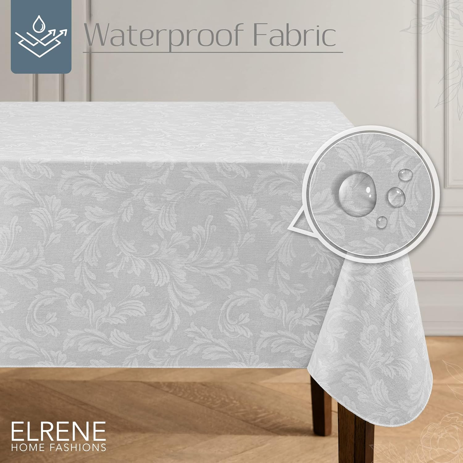 Elrene Home Fashions Camile Floral Damask-Scroll Water- and Stain-Resistant Vinyl Tablecloth with Flannel Backing, 52 Inches X 70 Inches, Rectangle, Gray/White image number 2