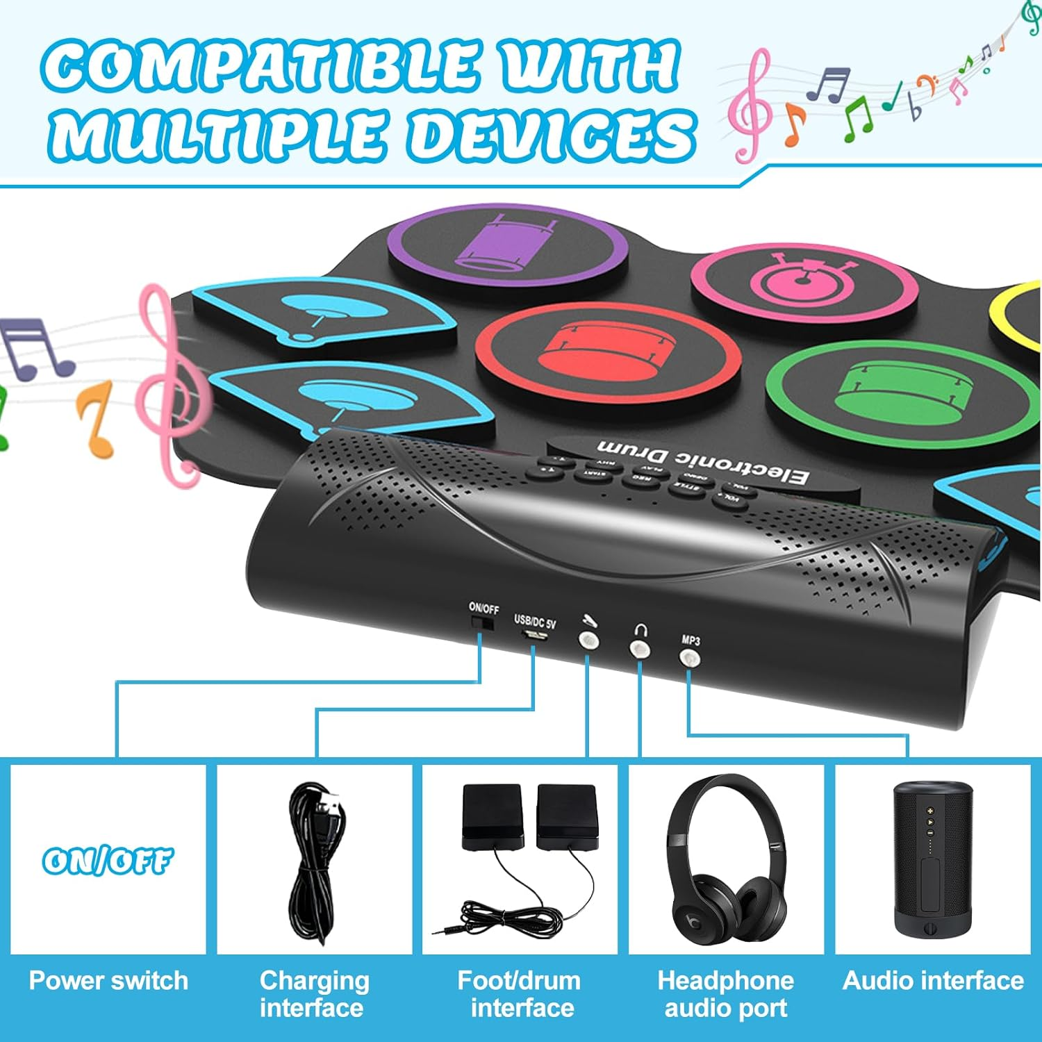 Electronic Drum Set,9 Practice Drum Pads,Roll-Up Drum Kit Machine Built-In Speaker with Drum Pedals and Stick,Great Christmas for Kids