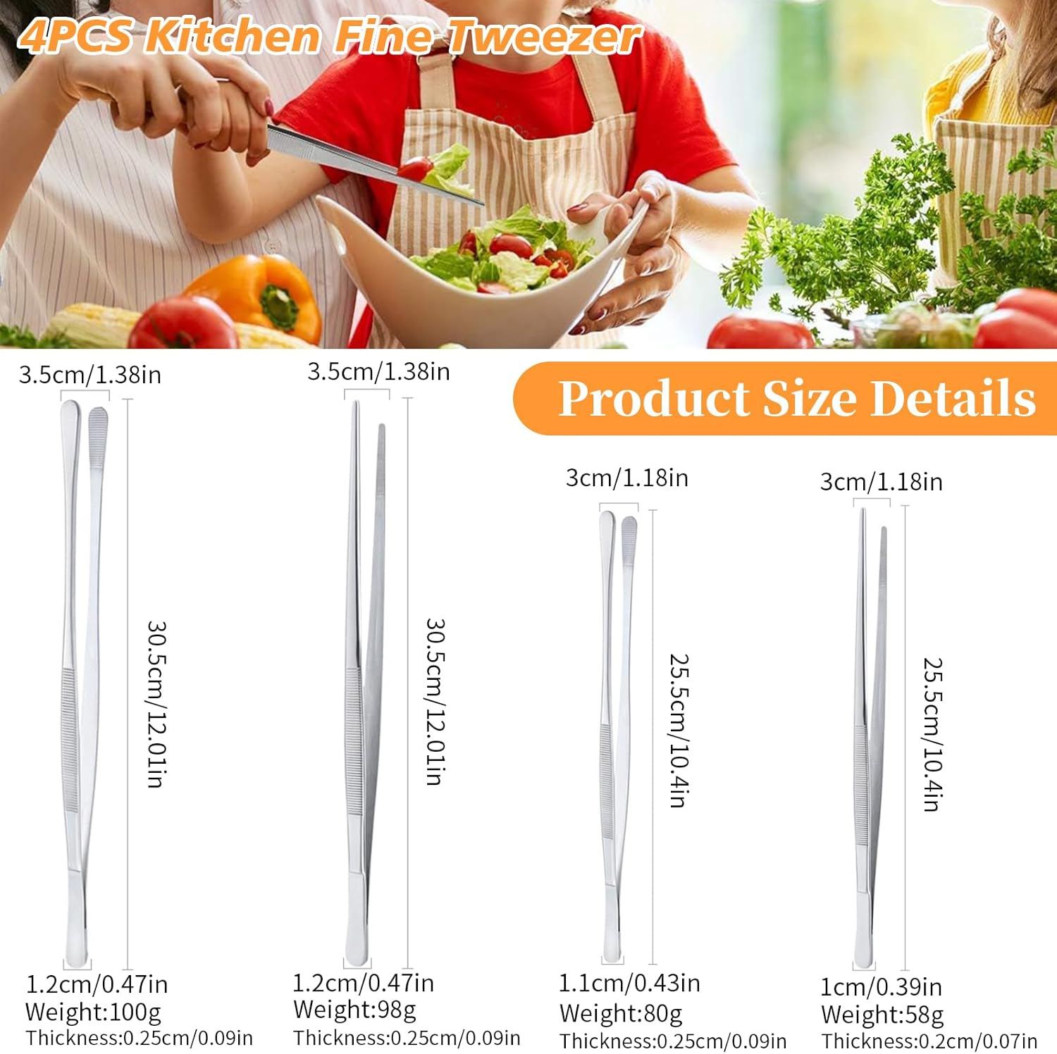 4 PCS Kitchen Fine Tweezer Set, 2 PCS round & 2PCS Straight Serrated Tips Tongs Tweezer, 25CM & 30CM Cooking Tweezers, Stainless Steel Food Tweezers for Sea Food BBQ Medical Beauty Repairing (4Sivery) image number 5