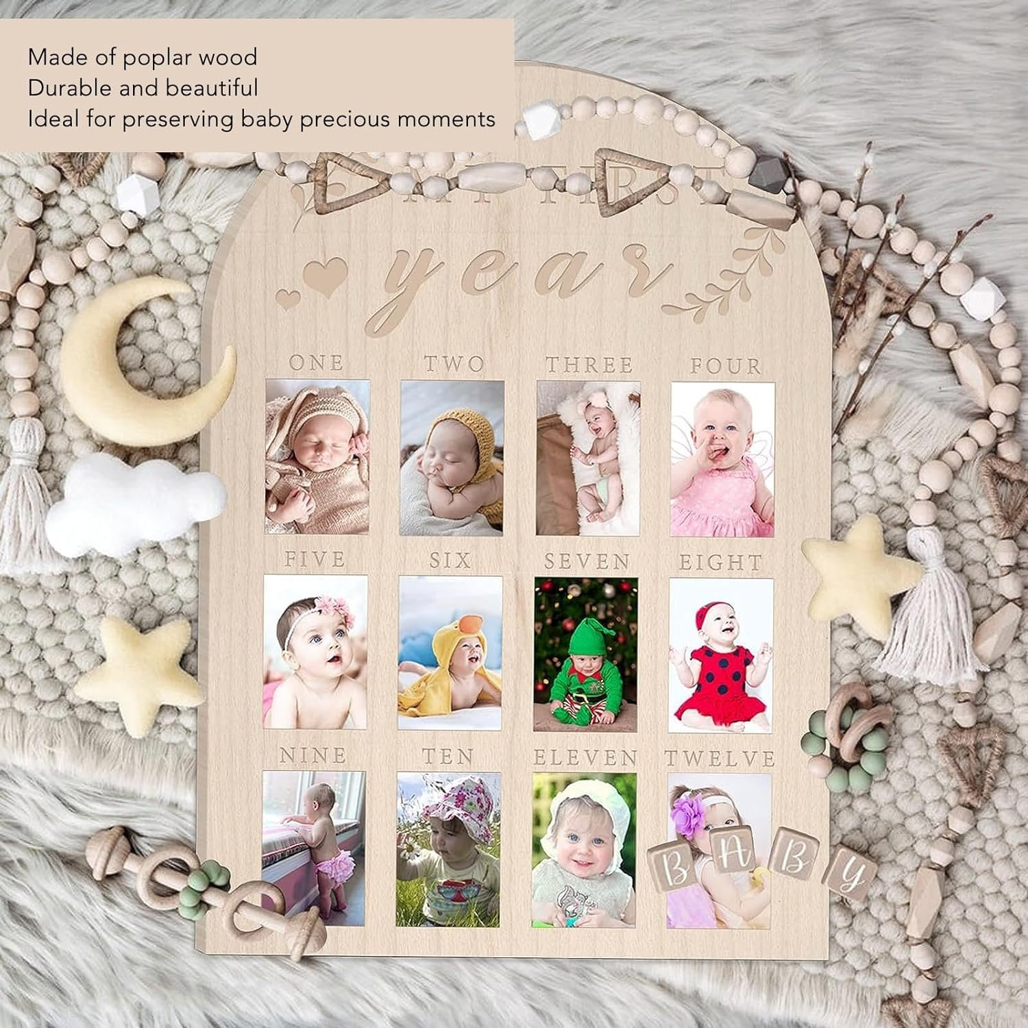 One Year Birthday Wooden Photo Board, My First Year Milestone Photo Board 12 Monthly Picture Frame, Baby Keepsake Frame, First Birthday Celebration Decoration, Nursery Decor Gift image number 5