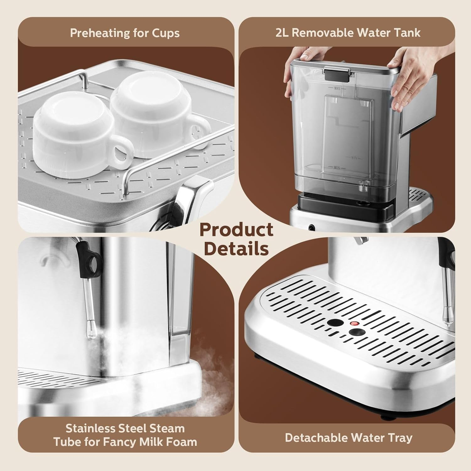 Maxkon Espresso Machine, 20 Bar Professional Espresso Maker, Milk Frother Steam Wand for Latte, Compact Stainless Steel Machine with 2L Removable Water Tank image number 3