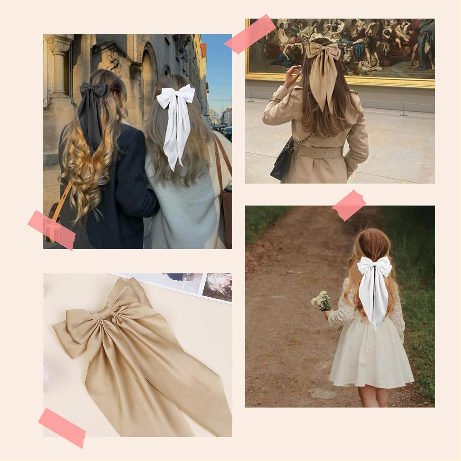 TELAIN Pack of 4 Hair Bows for Women, Large Satin Hair Clips, Long Silky Bows for Hair, plus Size, Black and White Hair Clips, Coquette Hair Accessories for Women