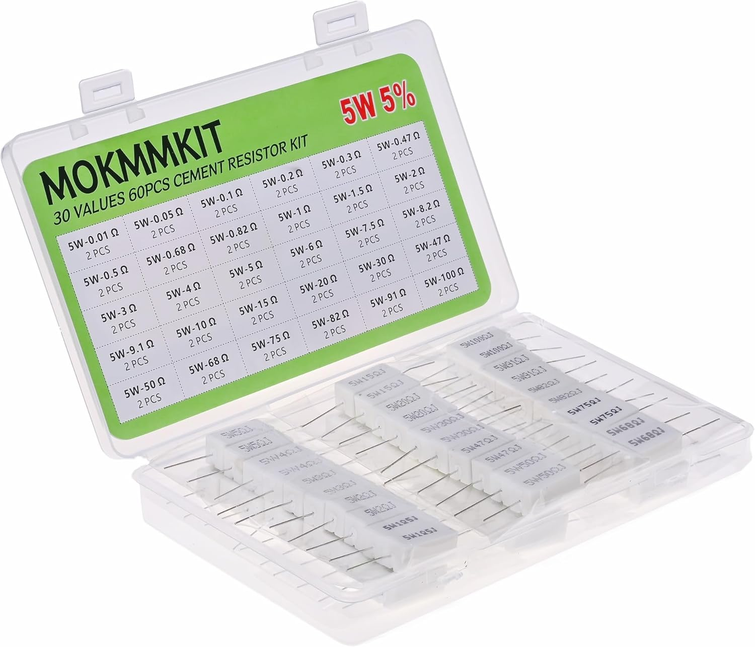 30 Values 60 Pieces Ceramic Cement Resistor KIT 5W Resistance 5 Watt &plusmn;5% Power Resistors (0.01 Ohm - 100 Ohm)