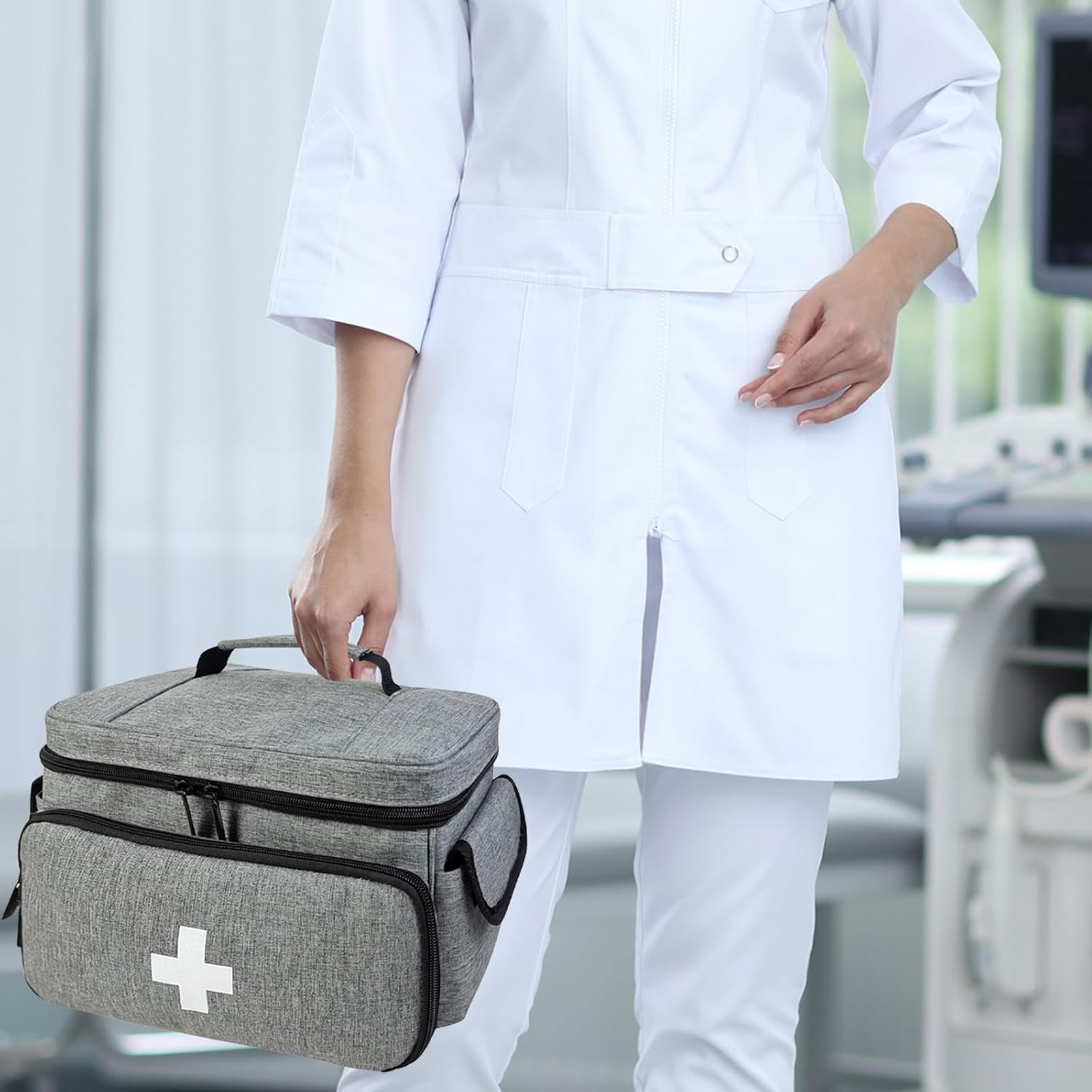 Medical Bag-Empty First Aid Bag, Emergency Kit, Nurse Bag, Large Capacity Medicine Organizer with Multiple Compartments for Home Visits, Home, Travel (Grey) image number 3