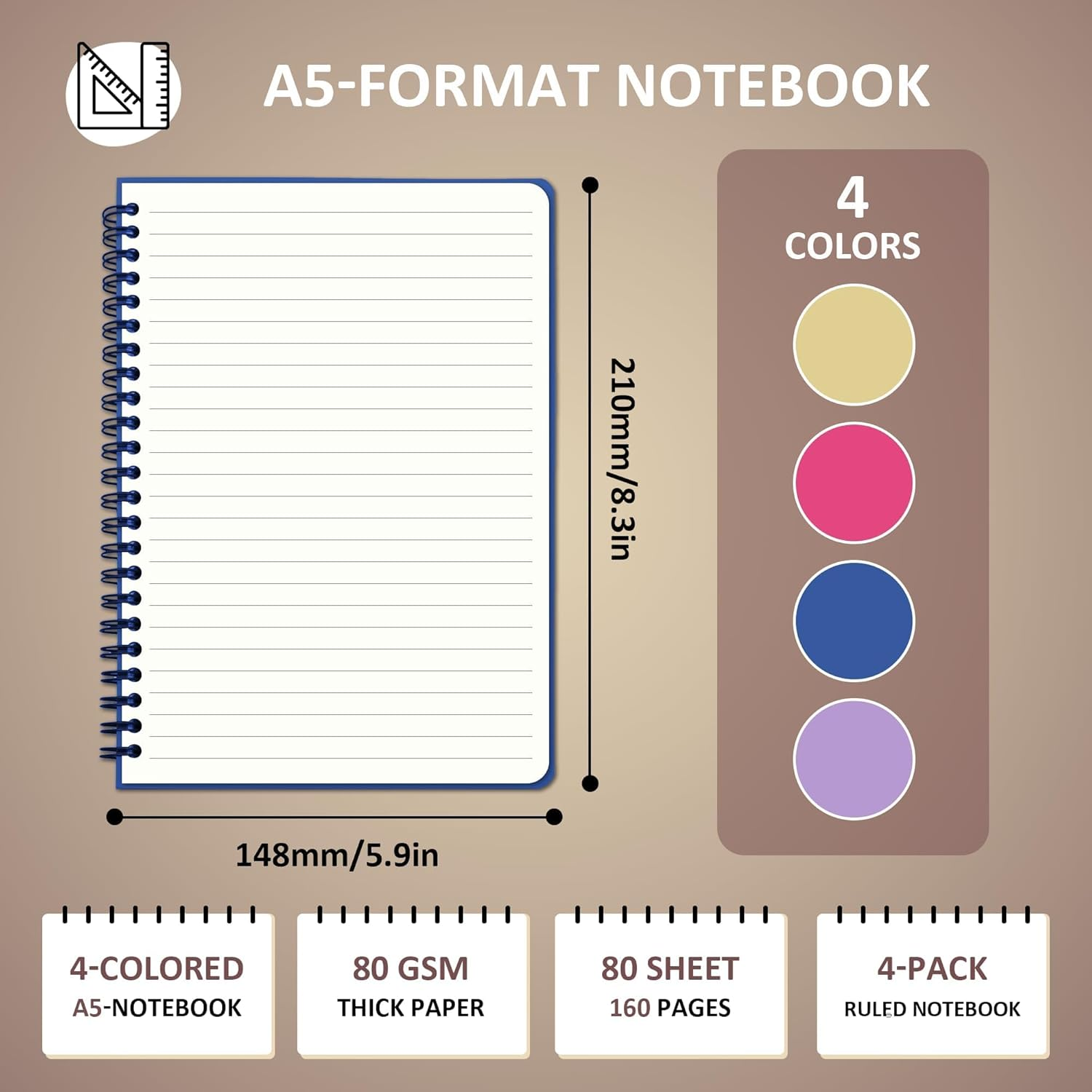 BIROYAL Spiral Notebook 4 Pack - A5 College Ruled Notebooks - Spiral Writing Journal for Study and Notes - 80 Sheets / 160 Pages Spiral Bound Notebook - Coil Notebooks for Work, School image number 1