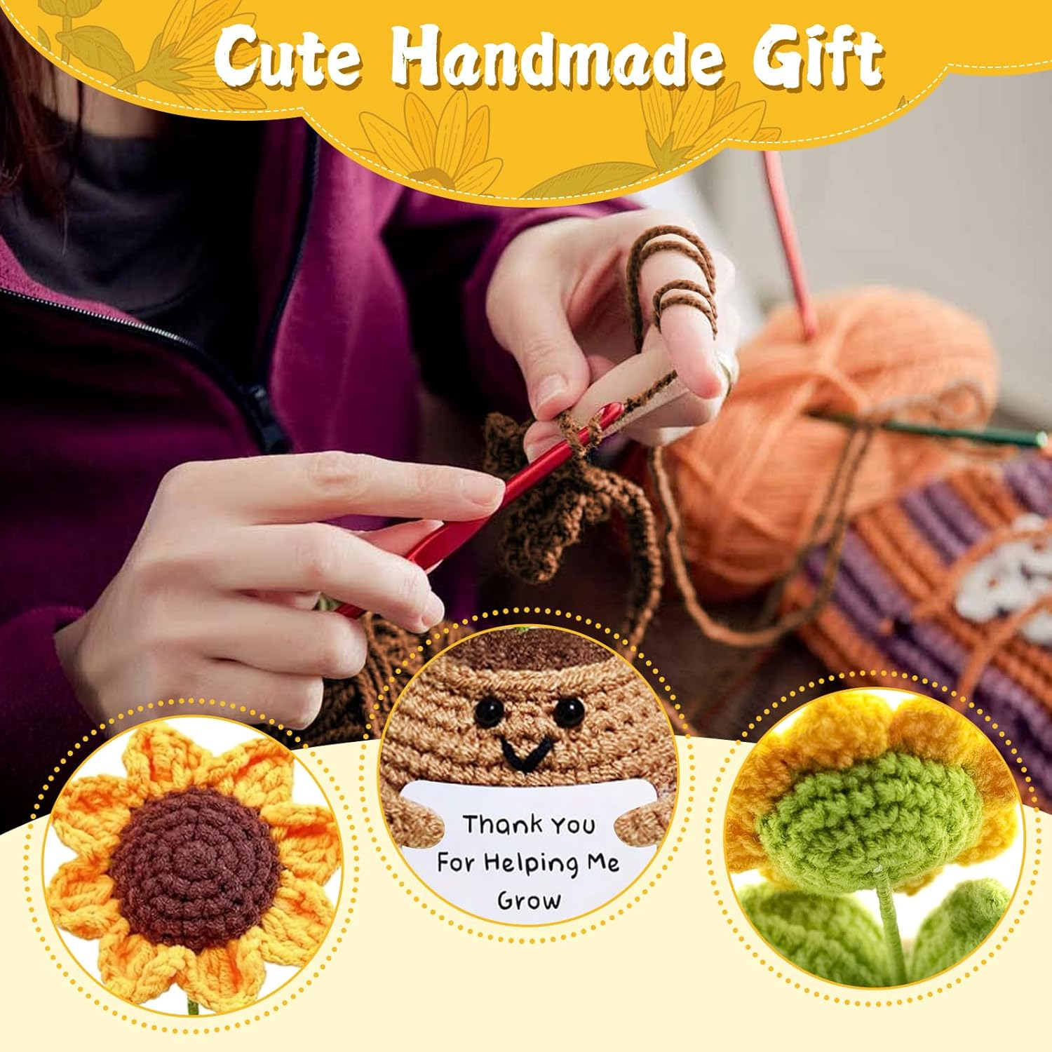 Handmade Crochet Sunflower Gift - Positive Emotional Support Sunflower Decor for Desk, Birthday for Women, Teacher Appreciation, Mothers Day, Graduation (T02)