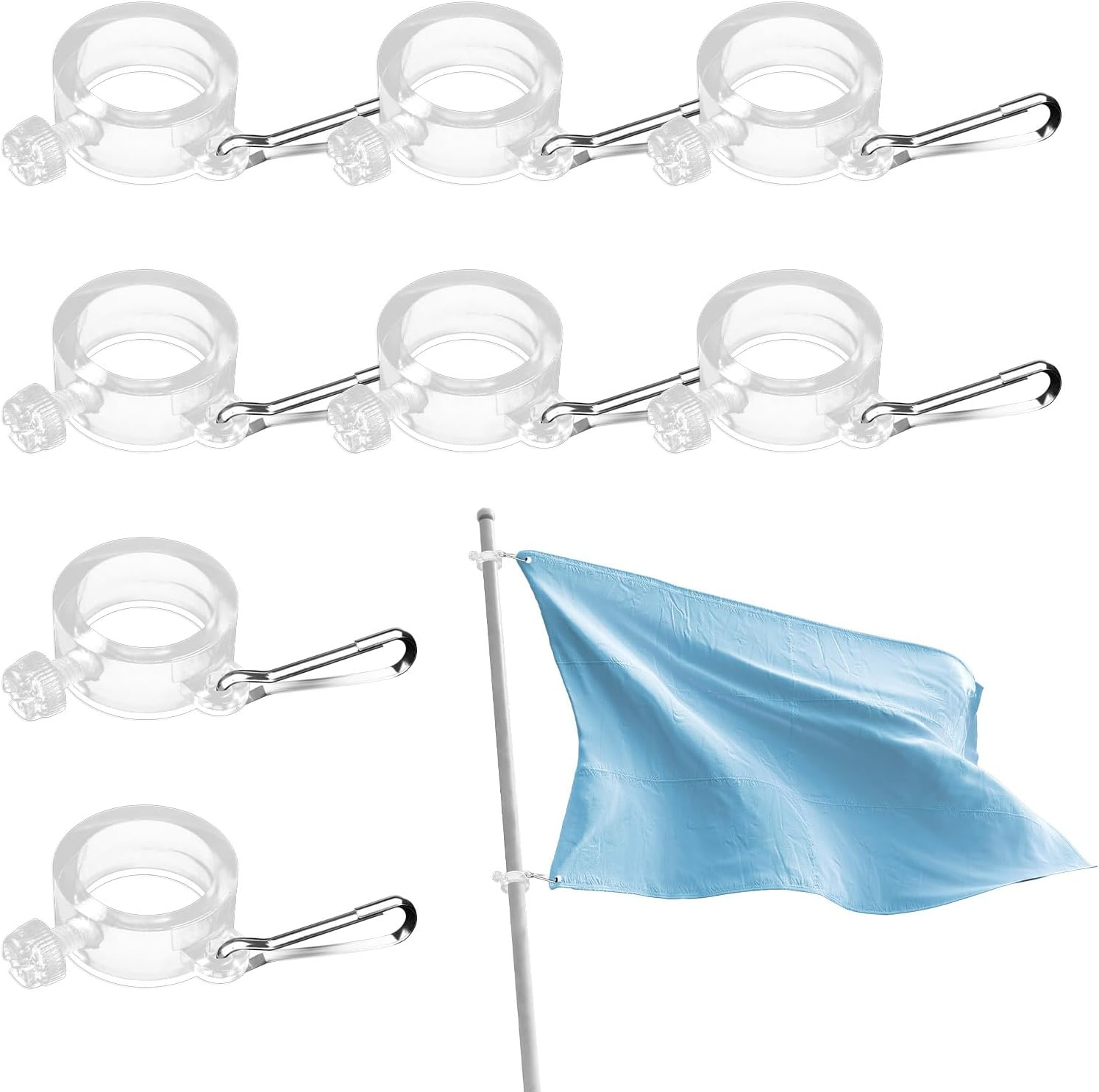 8 Pack Plastic Flag Pole Ring with Hook, Flagpole Mounting Rings Clip with Fixed Hook, Flag Rings for Flagpole for Various Outdoor Team Seasonal Flag (Transparent) image number 2