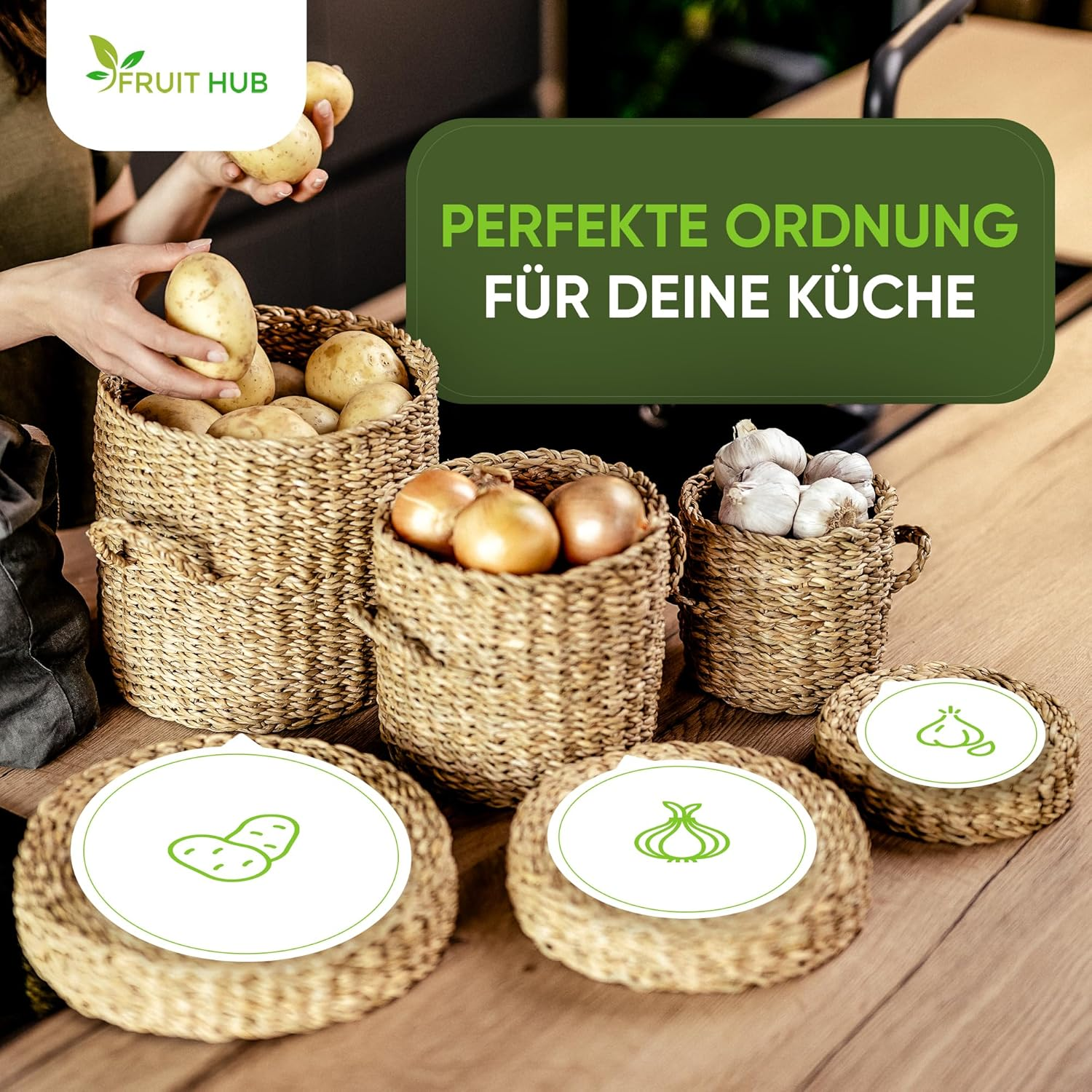 Fruit Hub&reg; Seagrass Potato & Onion Storage Box - Set of 3 Natural Vegetable Containers - Breathable & Lightproof - Sustainable Kitchen Organisation image number 3