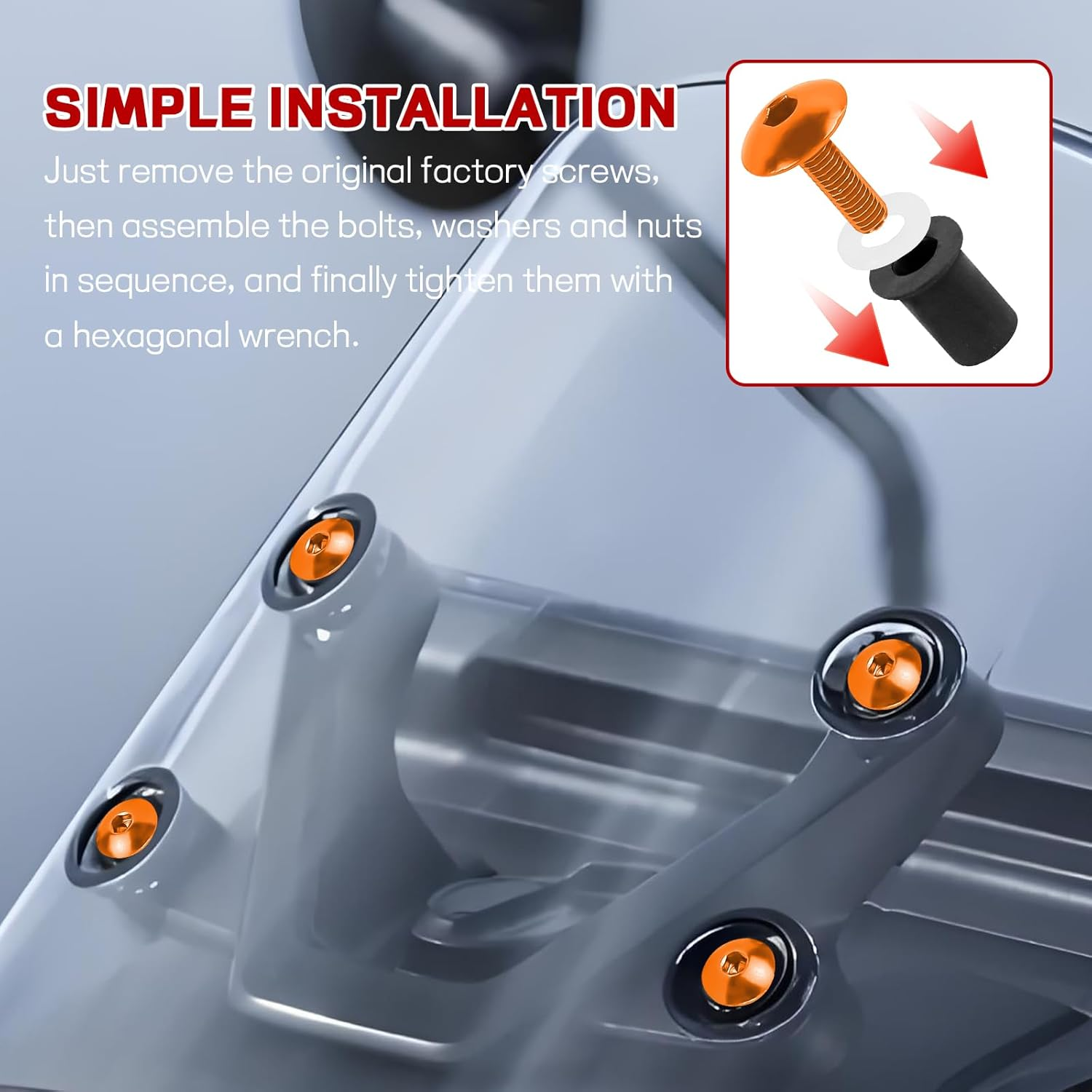 Hovom 10PCS Motorcycle Windshield Bolts Screws Kit, Aluminum Motorbike Windscreen Body Mounting Kit with Bolts Nuts Washers, M5&times;16Mm Windshield Installation Fasteners for Motorcycle (Orange) image number 1