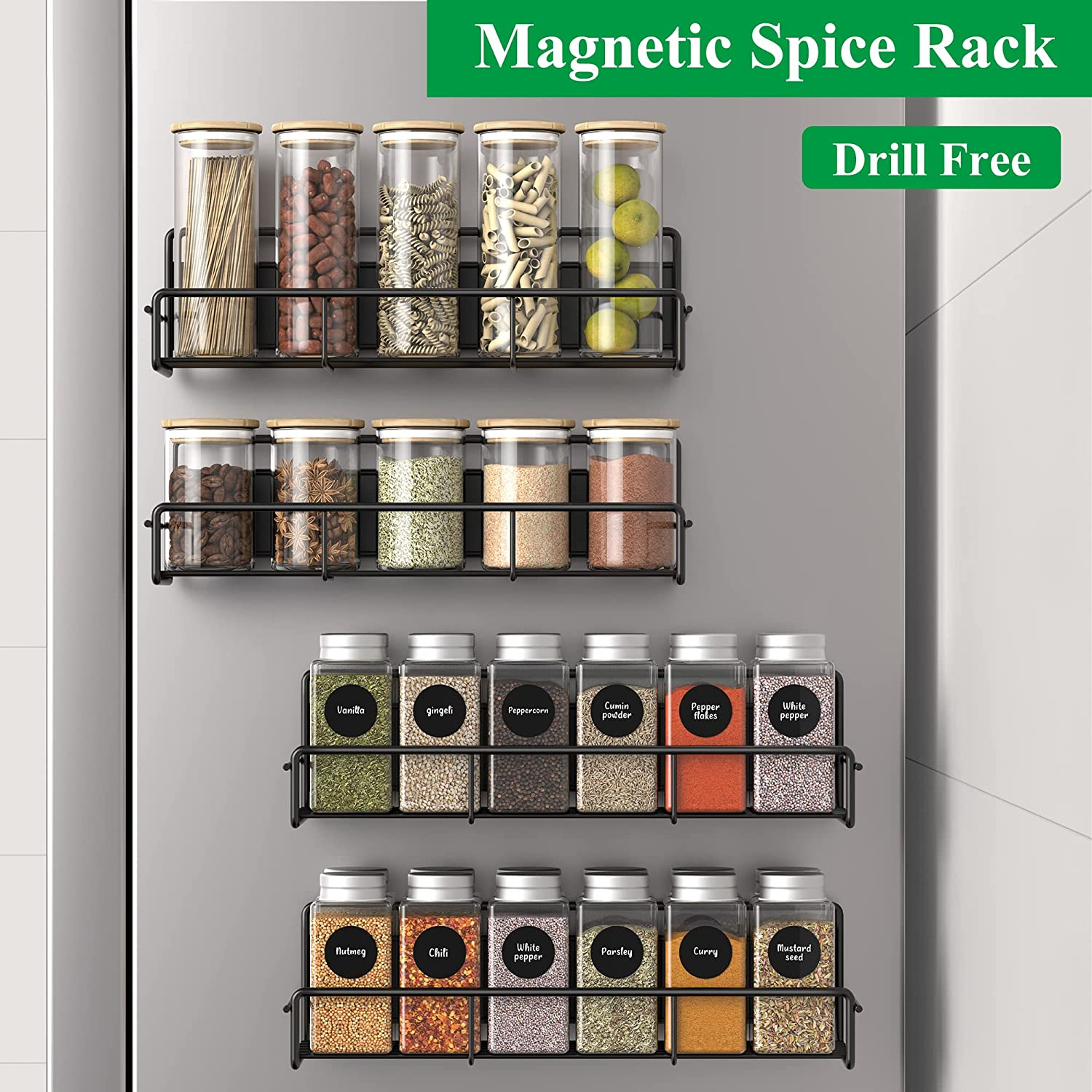 4 Pack Magnetic Spice Rack Organizer for Refrigerator and Microwave Oven, Metal Fridge Shelf for Kitchen, Black image number 5
