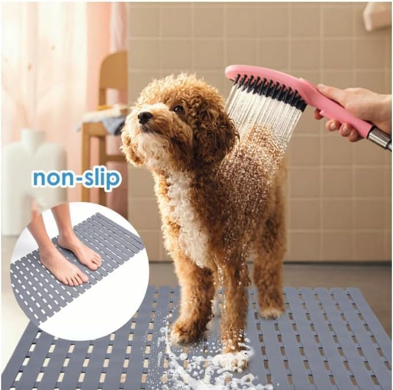 Mumoo Bear Non Slip Shower Pad, Bath Tub Shower Mat, Pet Dog Bathing Non-Slip Mat, Dog Bath Mat, Quick Drain Bathtub Mat with Suction Cups & Drain Holes for Bathroom, 27.1X15.7 Inch Grey