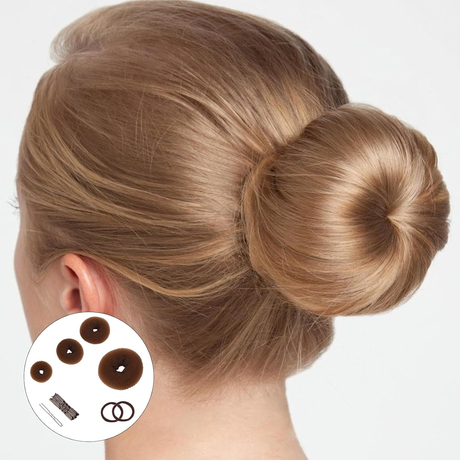 16-Piece Doughnut Hair Bun Set, Bun Maker Set for Dancers, Children, Girls (Brown) image number 5