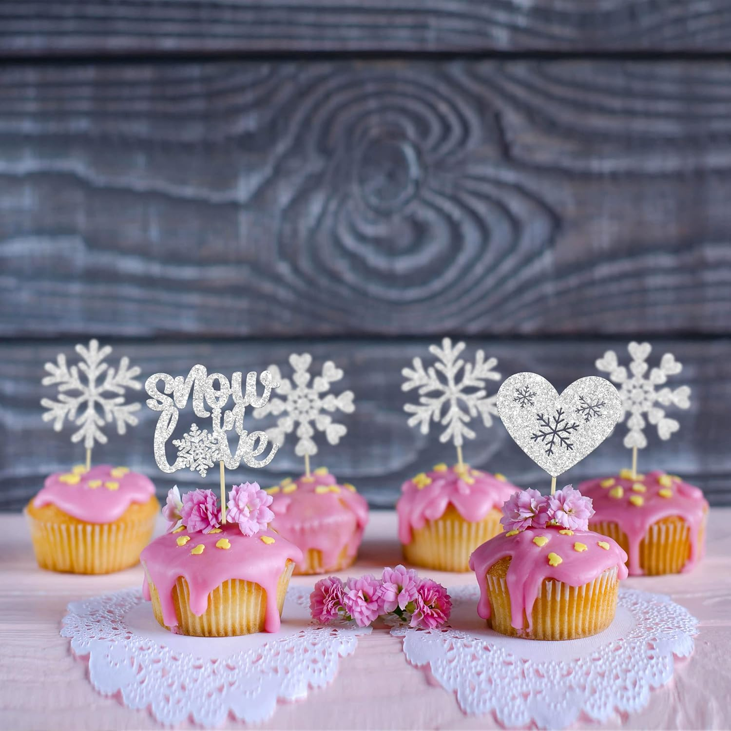 Gyufise 24Pcs Snowflake Cupcake Topper Silver Glitter Winter Heart Snow in Love Cake Toppers for Winter Wonderland Wedding Anniversary Decorations Bridal Shower Party Supplies image number 2