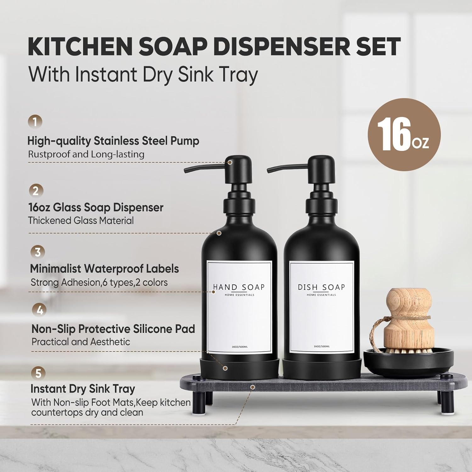 NEECZS Kitchen Soap Dispenser Set with Instant Dry Tray,16 Oz Hand and Dish Soap Black Glass Dispenser Set,Stainless Steel Pump,Waterproof Labels&Dish Brush,Luxury Soap Bottle for Kitchen,Bathroom image number 4