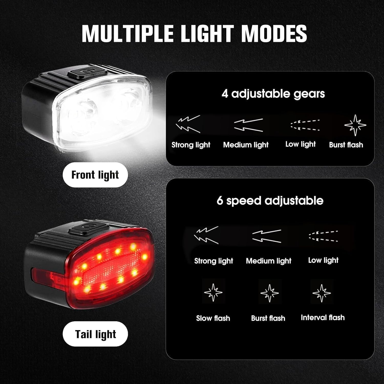 Bike Lights Set Ultra Bright, Bicycle Light Rechargeable Super Bright 6 Modes, IPX6 Waterproof Bike Lights for Night Riding/Cycling Safety, DIY 4X4 + 6X6 Lightning Modes Bike Headlight and Tail Light image number 4