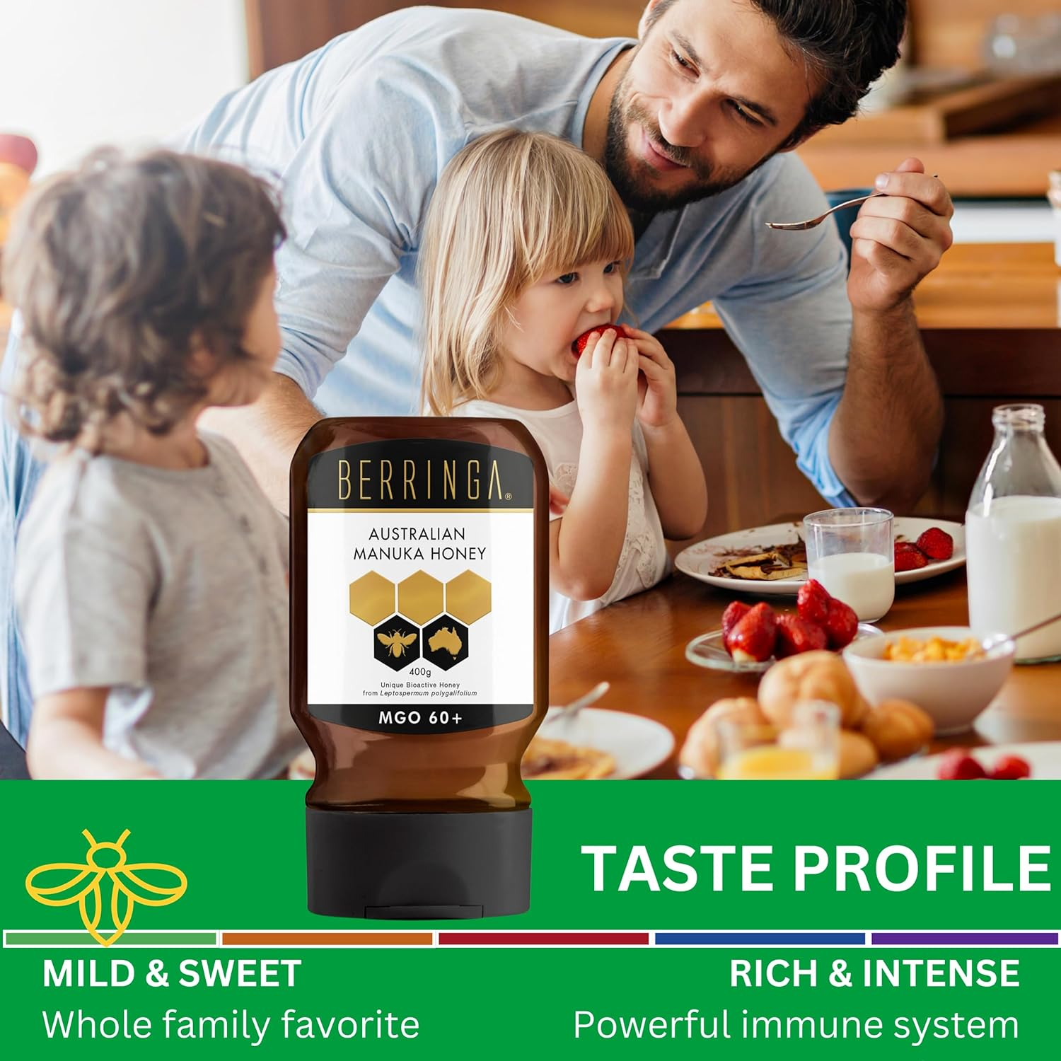 Berringa Raw Unfiltered Manuka Honey Squeeze Bottle - Certified Tested MGO 60+ 400G | Everyday Boost | Traceable Genuine Local 100% Pure Australian | Non-Gmo Superfood | Convenient No Drip Squeezy