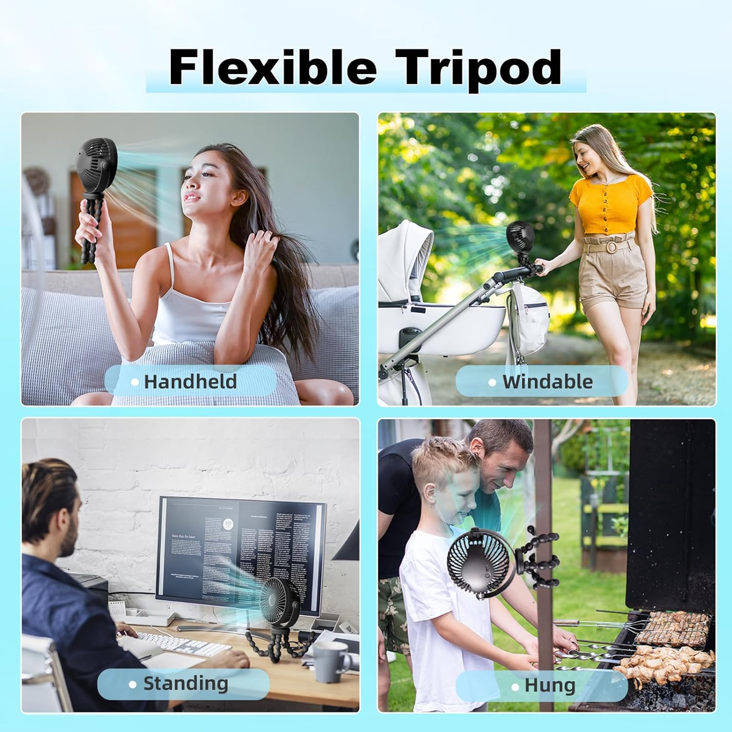Portable Stroller Fan, Battery Operated Small Clip On, 360&deg; Rotate Flexible Tripod, Detachable 3 Speed Rechargeable Baby Handheld USB Desk Cooling for Bedroom Car Seat Crib Treadmill Travel Camping image number 5