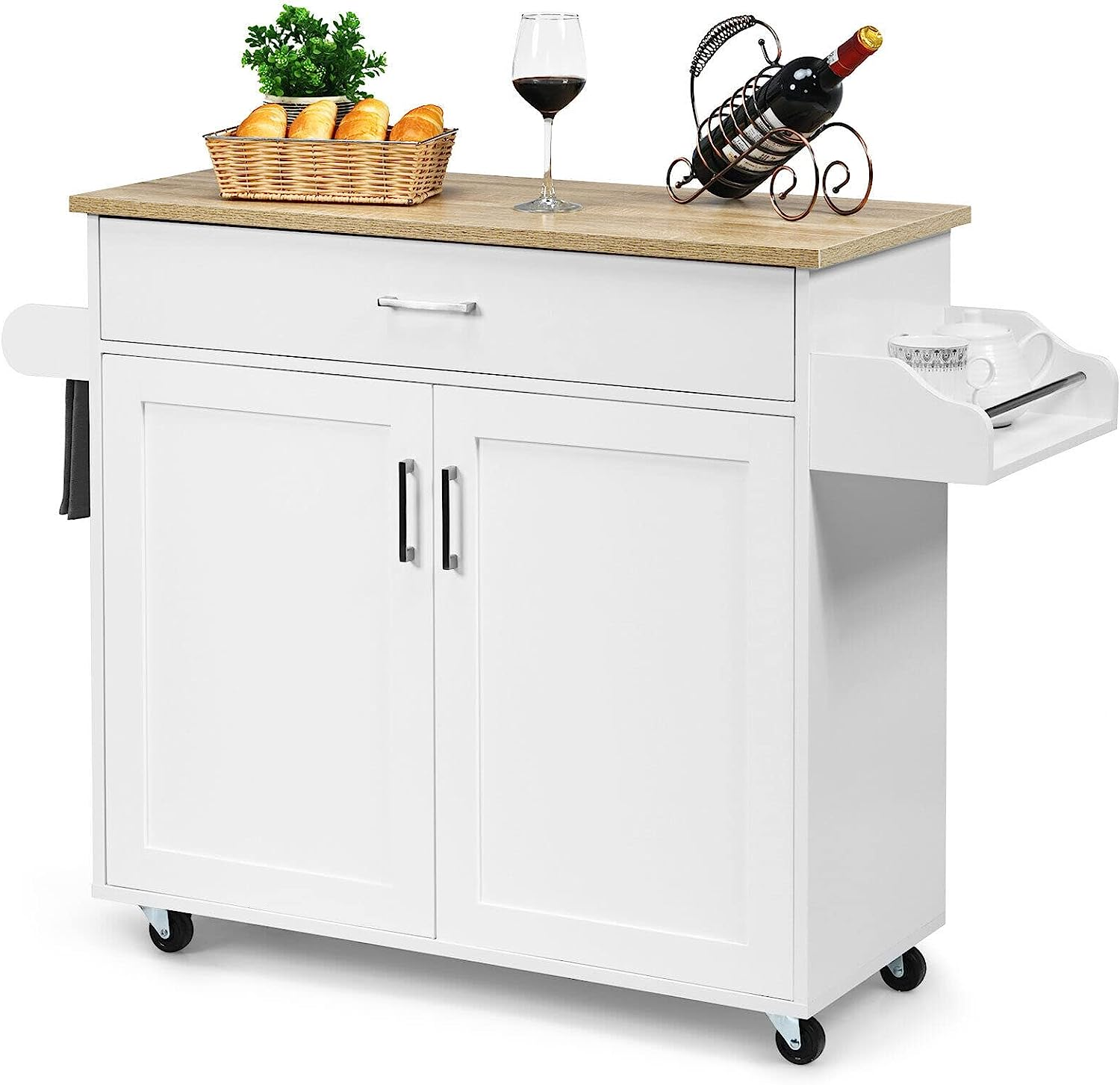 Giantex Wooden Rolling Kitchen Island, Storage Cart Trolley W/Adjustable Shelf, Spice Storage Sgelf, Towel Rack & Drawer, Utility Buffet Cabinet W/Beech Top for Kitchen Dinning Room Canteen, White - Grey image number 3