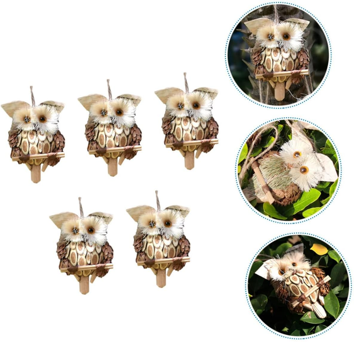 Yardwe 5Pcs Owl Pendant Christmas Decorations Ornament Log Bark Craft Wall Decor Mini Figurine Outdoor Wall Art Rustic Scene Elk Squirrel Hanging Decor image number 5