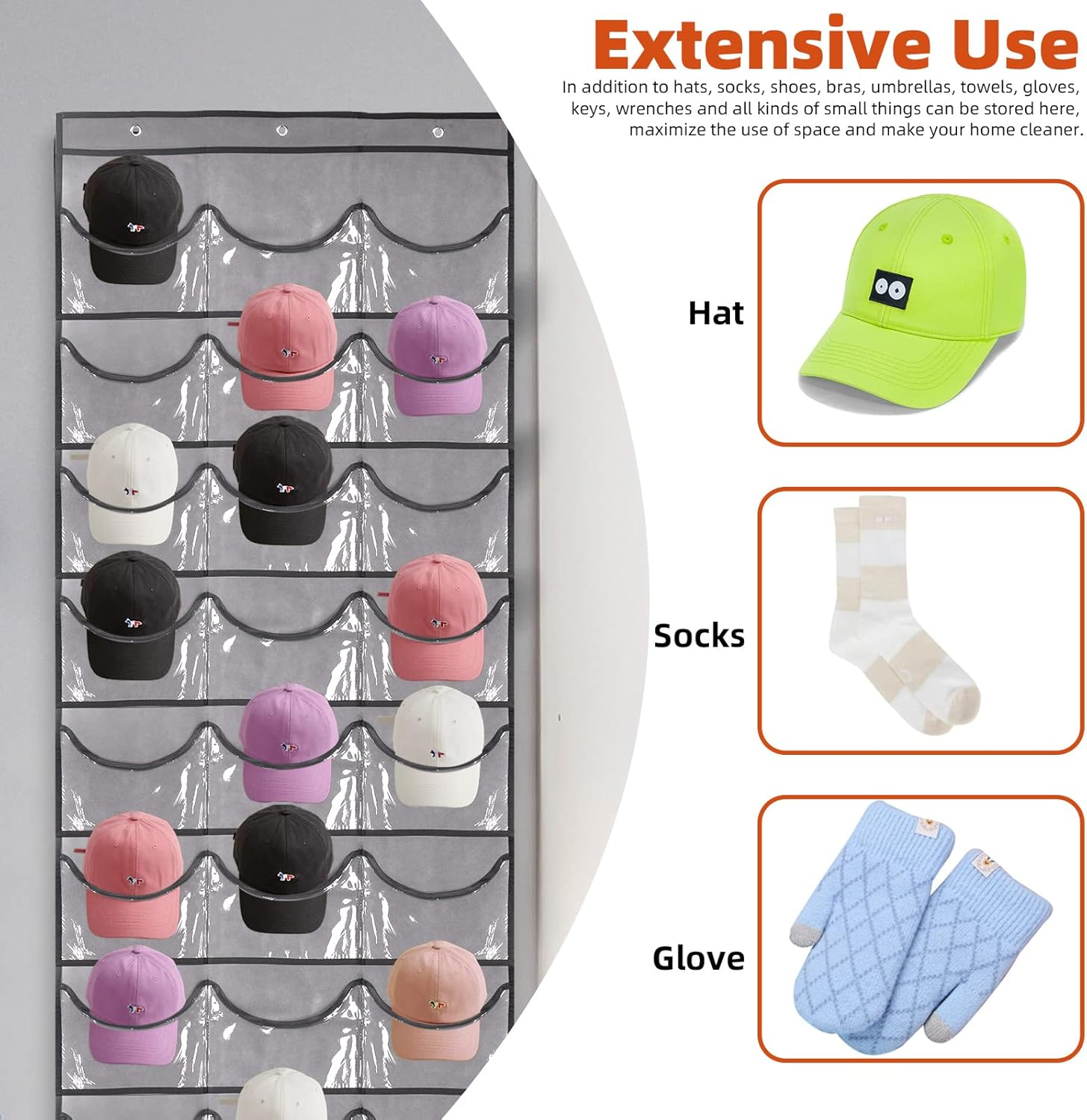 Tanstic 4-Pcs Gray Hat Rack with 24 Pockets and Hooks, Baseball Cap Organizer over the Door Cap Holder Stand Hanger for Home Closet Store Display