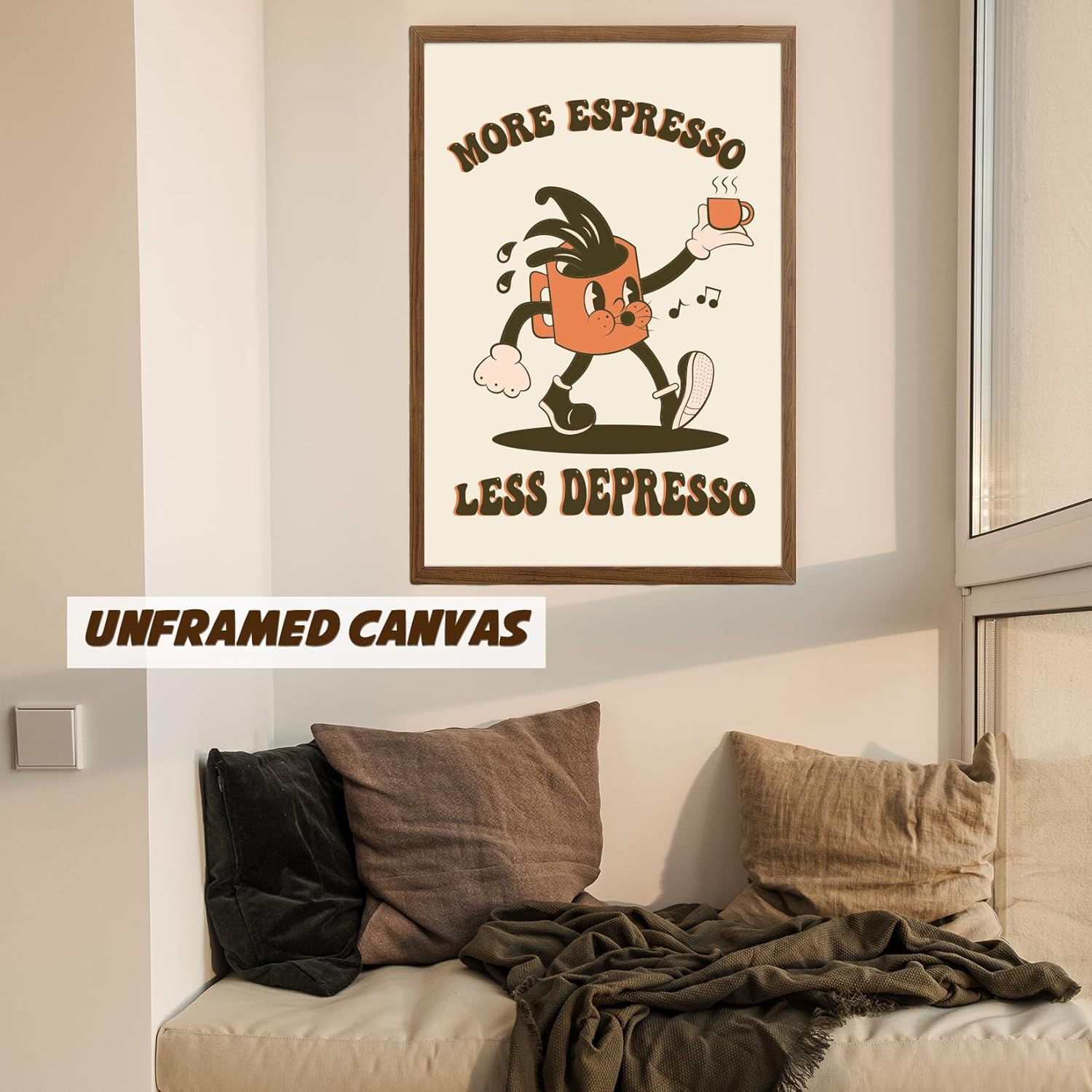Wonkali Fun Retro Groovy Apartment Decor Aesthetic | Espresso, Less Depresso Coffee Canvas Poster | Funky Coffee Bar Cart Decor | 1218", "UNFRAMED