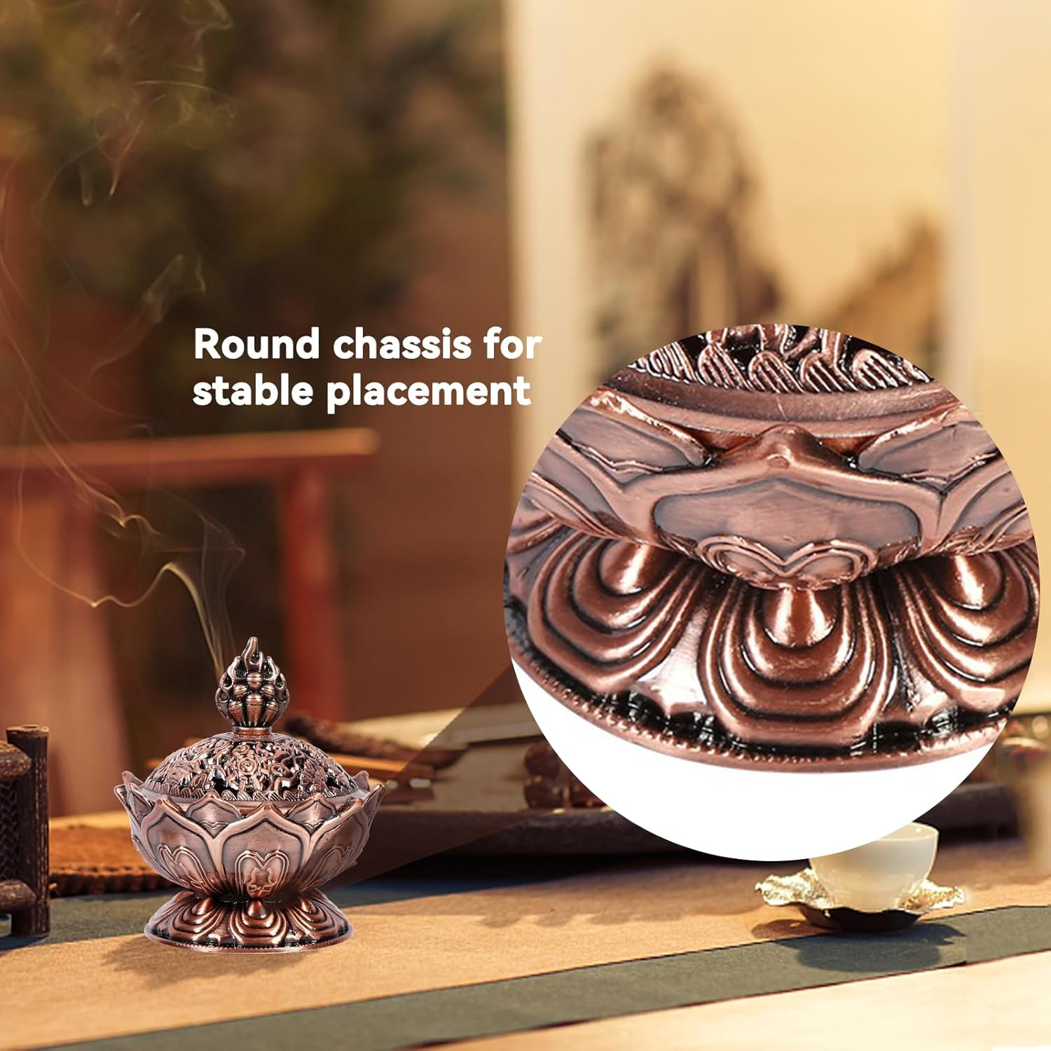 Vintage Backflow Incense Burner Bowl, Lotus Incense Holder Charcoal Censer Ash Catcher for Powder Cone or Coil Incense(Red Bronze) image number 6